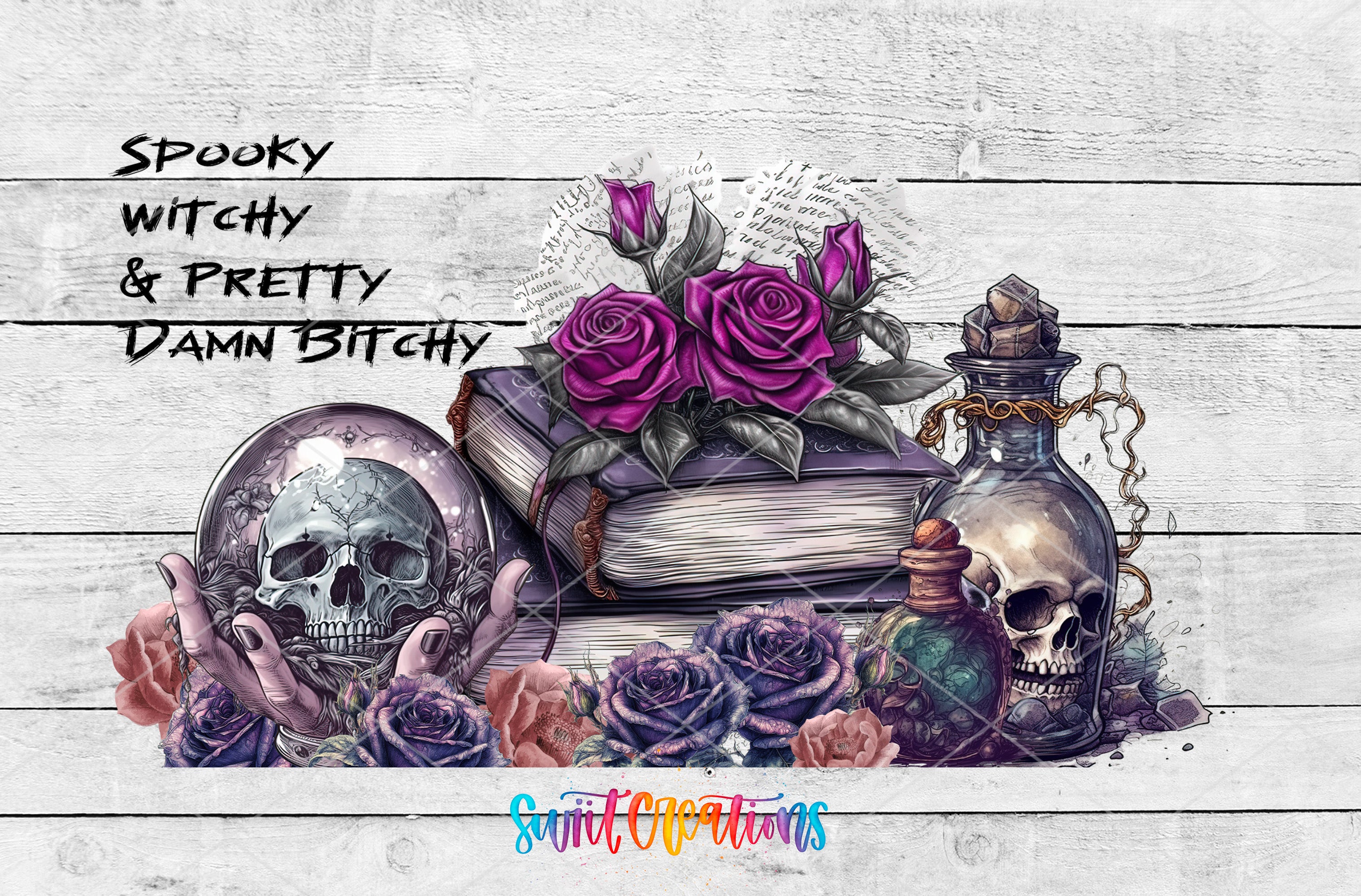 The image is a collage featuring various elements, including a skull, a rose, a book, a bottle, and a vase, all set against a wooden background.