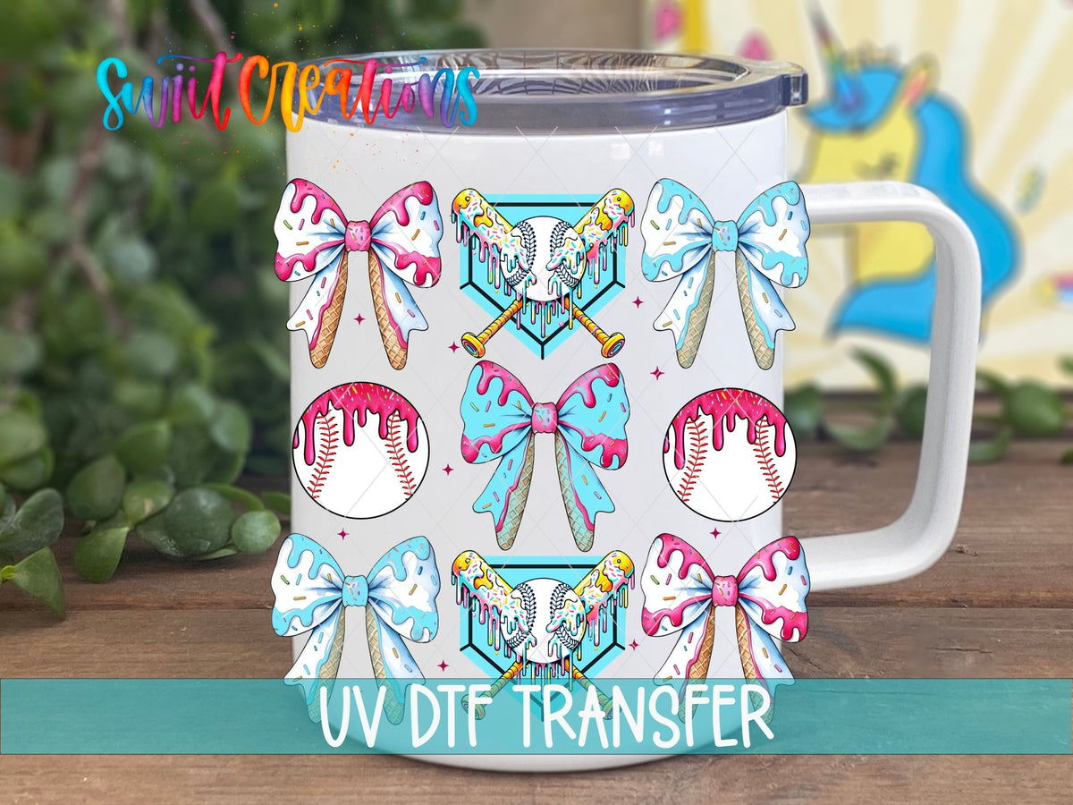 Baseball Coquette UV DTF transfer displayed on a white coffee mug from Swiit Creations