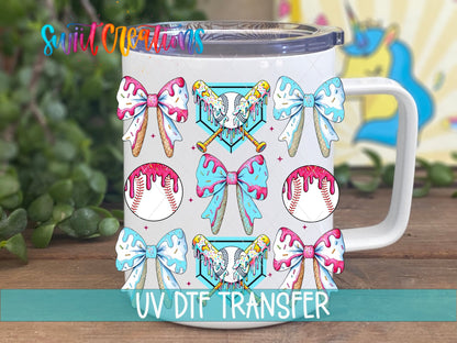 Baseball Coquette UV DTF transfer displayed on a white coffee mug from Swiit Creations