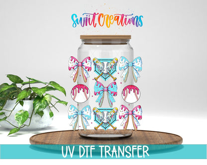 Baseball Coquette UV DTF transfer displayed on a clear jar mockup from Swiit Creations