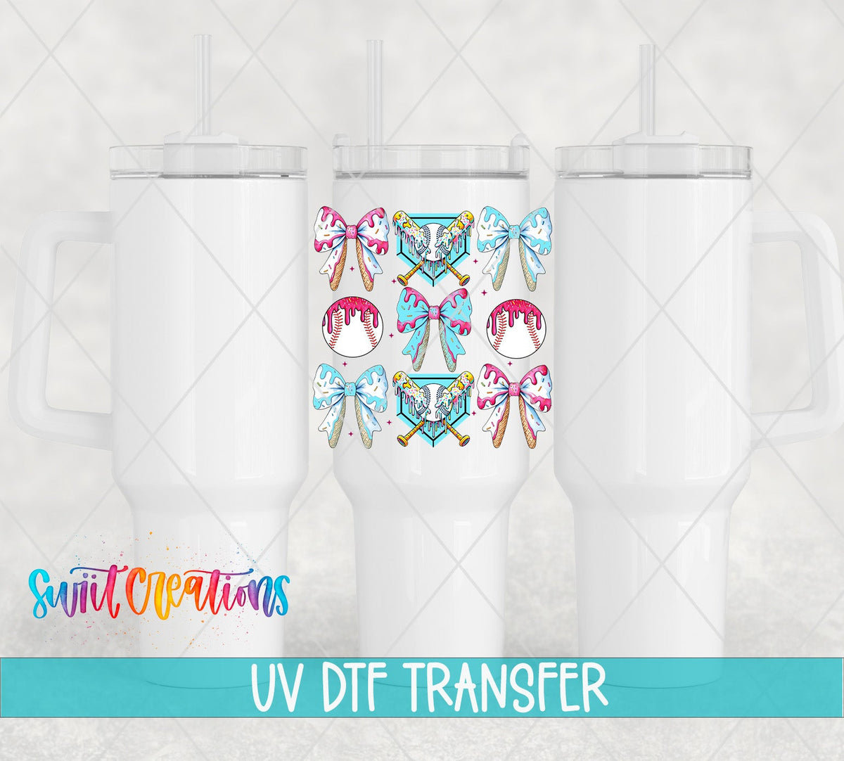 Baseball Coquette UV DTF transfer applied to a white tumbler set from Swiit Creations
