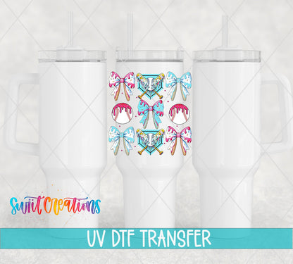 Baseball Coquette UV DTF transfer applied to a white tumbler set from Swiit Creations