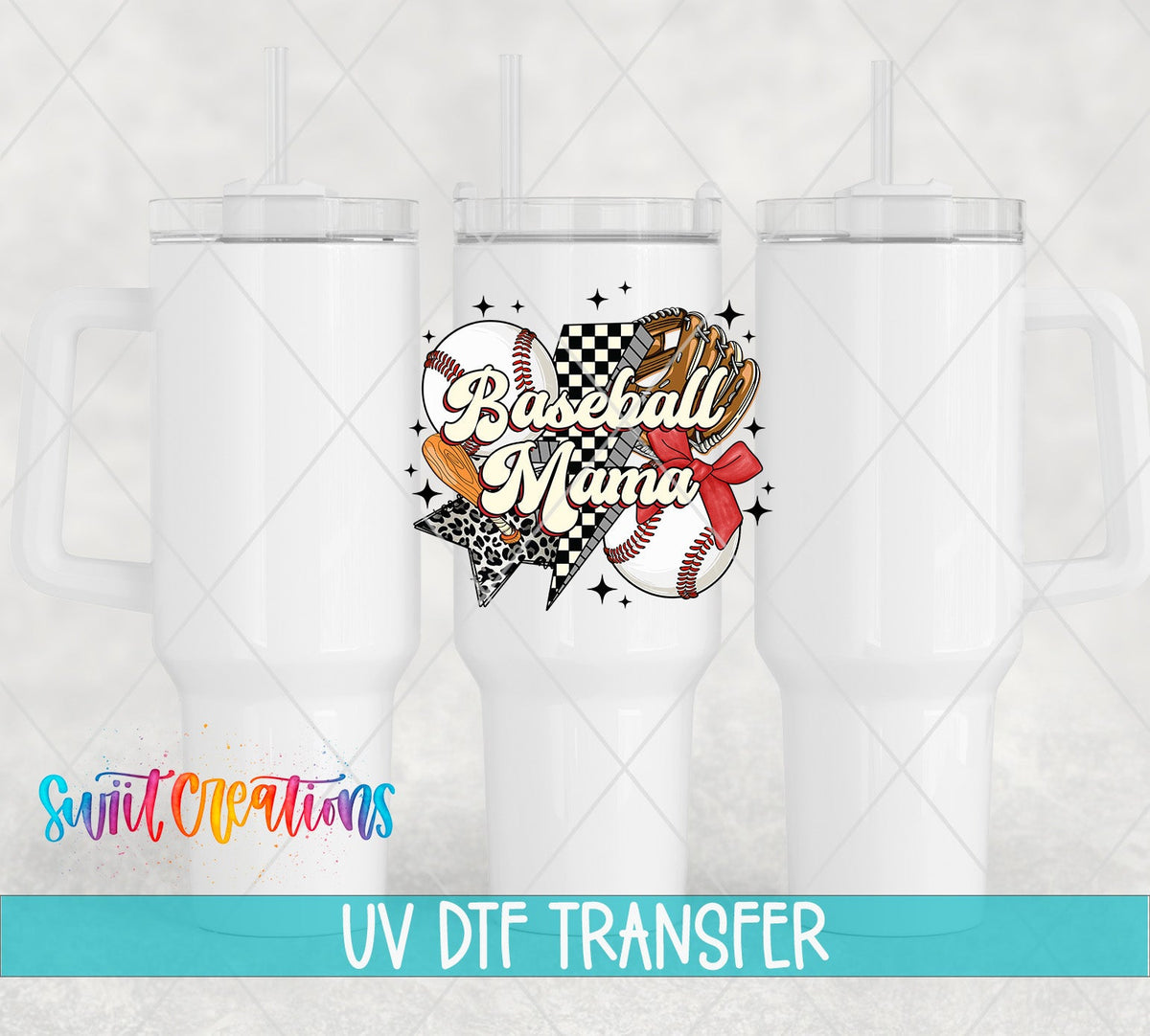 Baseball Mama UV DTF transfer applied to a white tumbler set from Swiit Creations