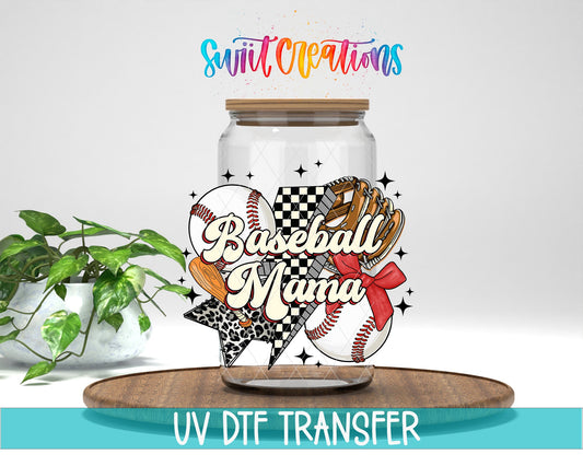 Baseball Mama UV DTF transfer displayed on a clear jar mockup from Swiit Creations