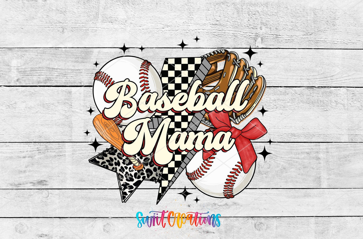 Baseball Mama UV DTF transfer shown as a full artwork preview from Swiit Creations