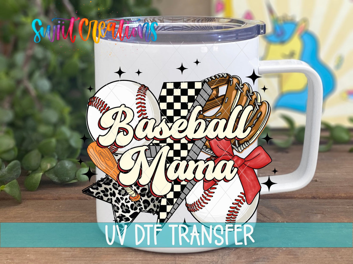 Baseball Mama UV DTF transfer displayed on a white coffee mug from Swiit Creations