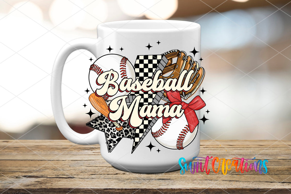 Baseball Mama UV DTF transfer displayed on a white ceramic mug from Swiit Creations