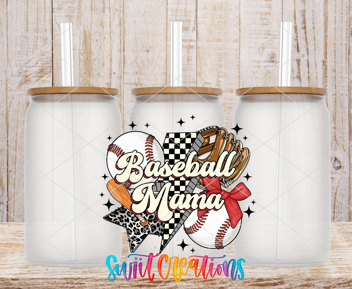 Baseball Mama UV DTF transfer applied to a clear glass can set from Swiit Creations