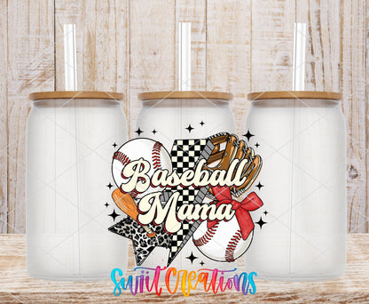 Baseball Mama UV DTF transfer applied to a clear glass can set from Swiit Creations