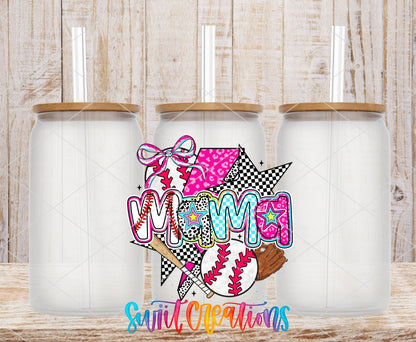 Baseball Mama UV DTF transfer applied to a clear glass can set from Swiit Creations