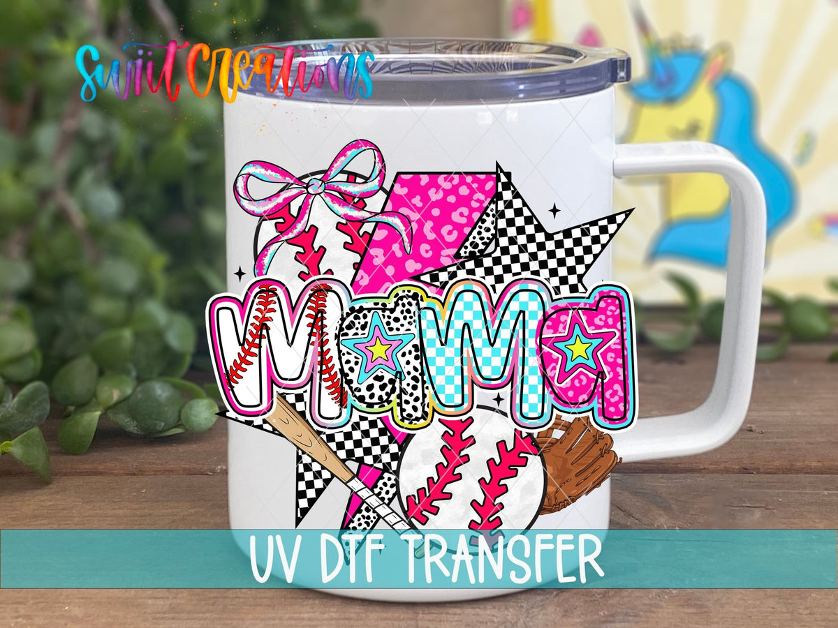 Baseball Mama UV DTF transfer displayed on a white coffee mug from Swiit Creations
