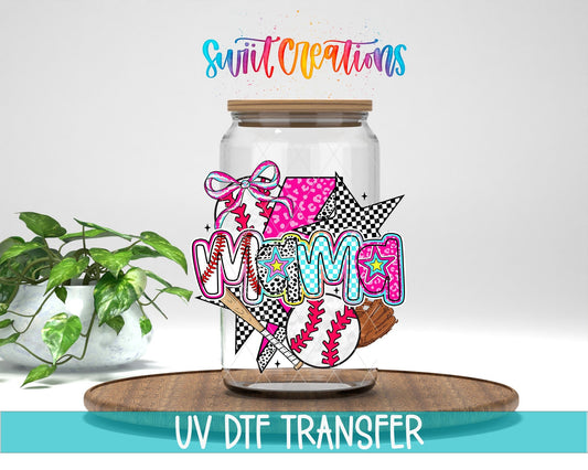 Baseball Mama UV DTF transfer displayed on a clear jar mockup from Swiit Creations