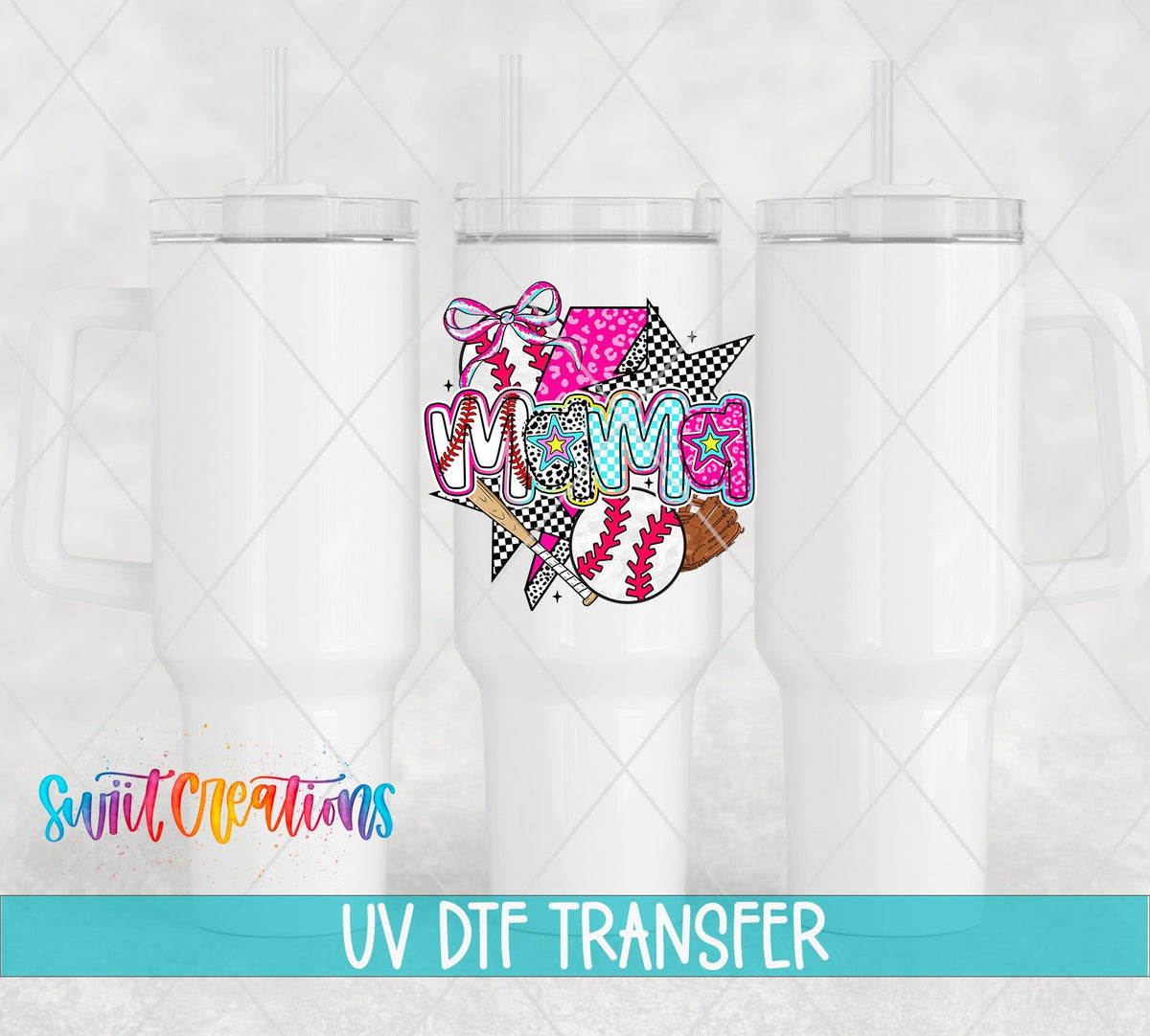 Baseball Mama UV DTF transfer applied to a white tumbler set from Swiit Creations