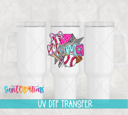 Baseball Mama UV DTF transfer applied to a white tumbler set from Swiit Creations