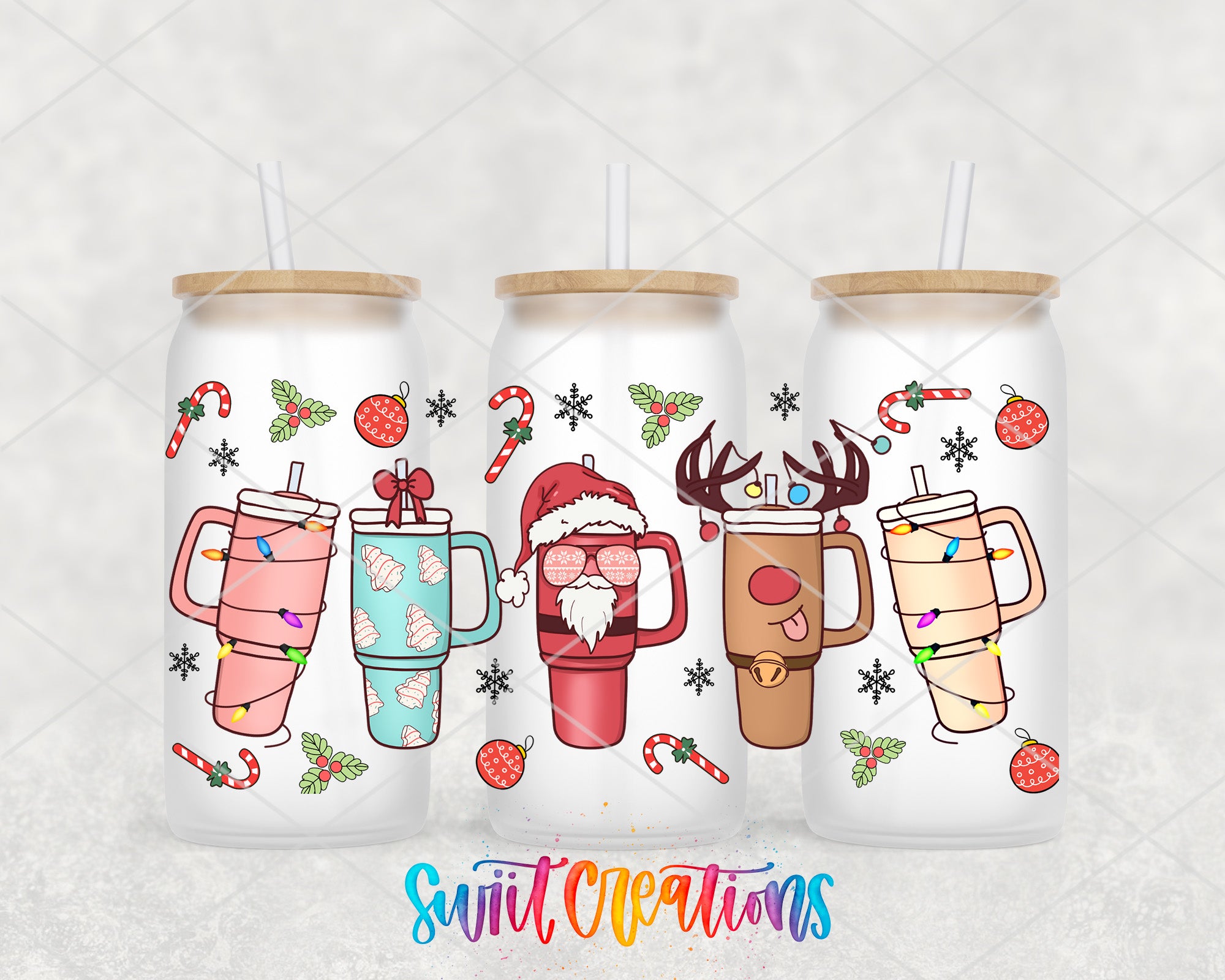 three colorful tumblers with festive holiday-themed designs, including Santa Claus, reindeer, and Christmas decorations.