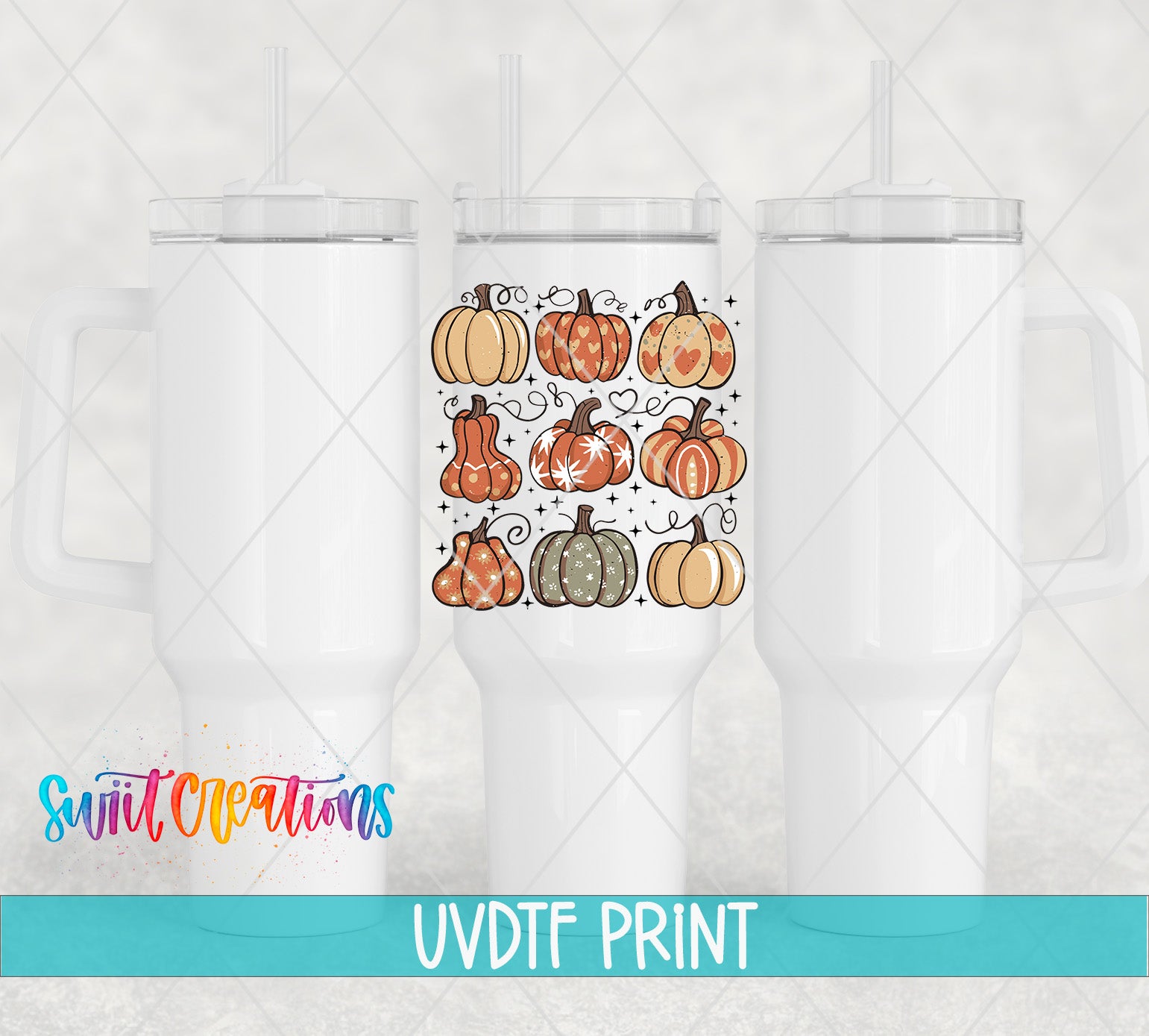 three white tumblers with a pumpkin design printed on them.