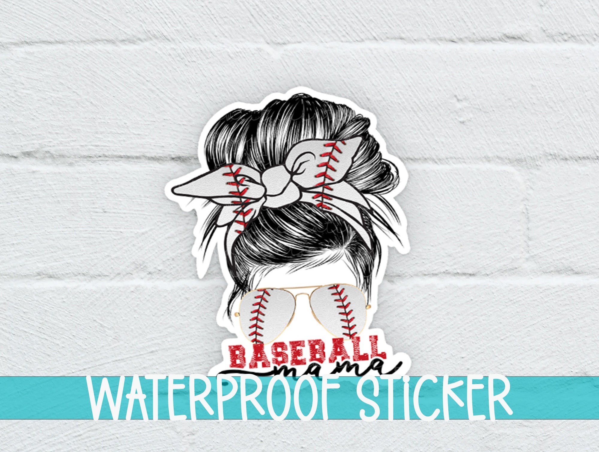 a sticker of a woman with a baseball in her hair