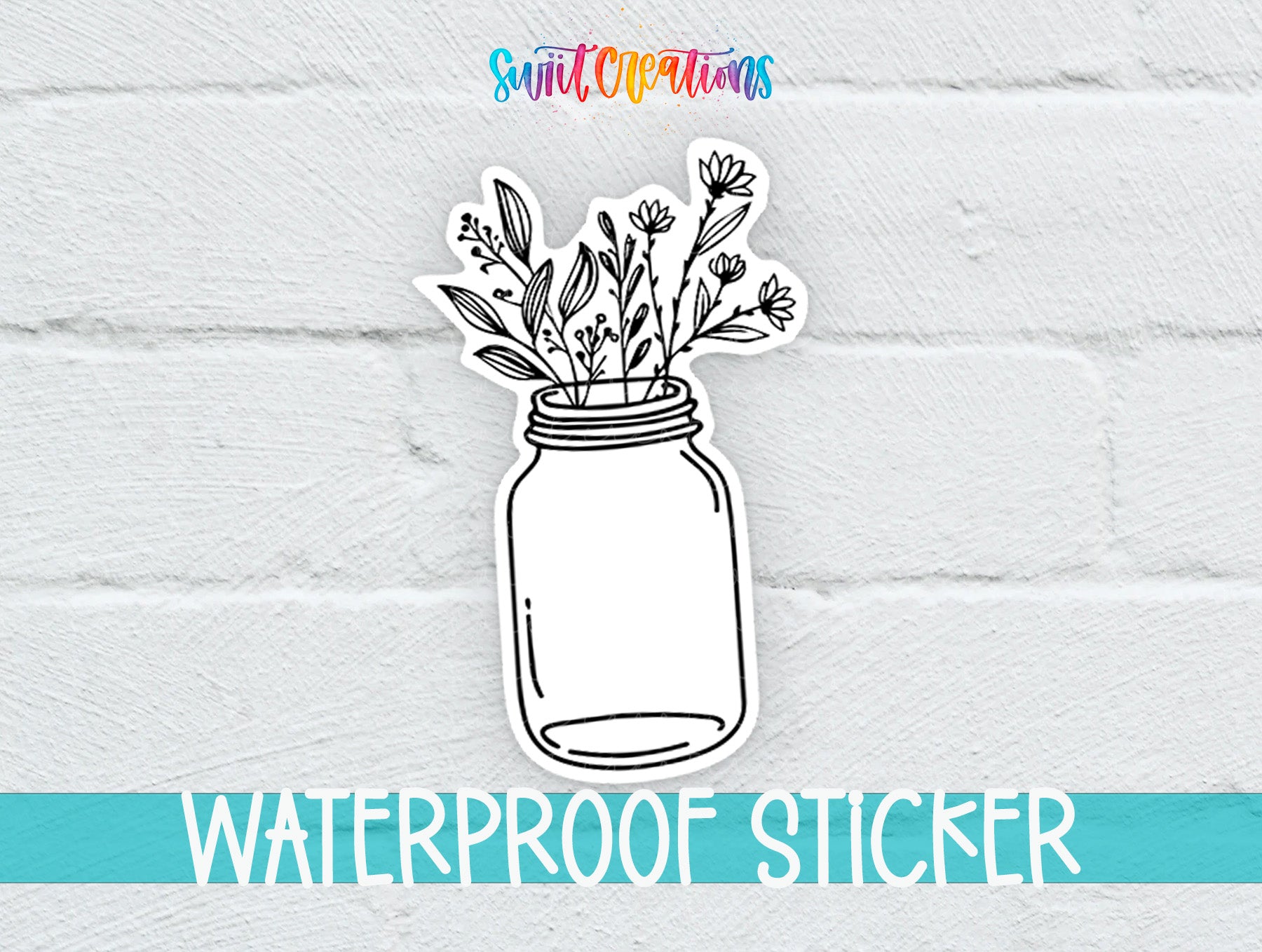 A sticker depicting a mason jar filled with flowers and leaves, placed on a white brick wall.