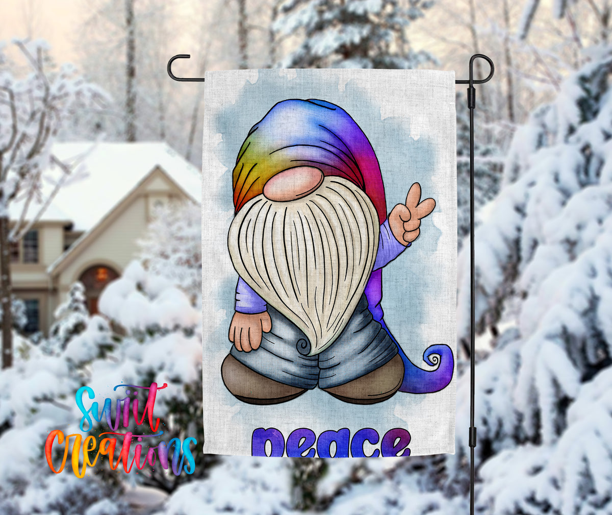 A colorful garden gnome waving peace signs is displayed on a flag, with a snowy winter landscape in the background.
