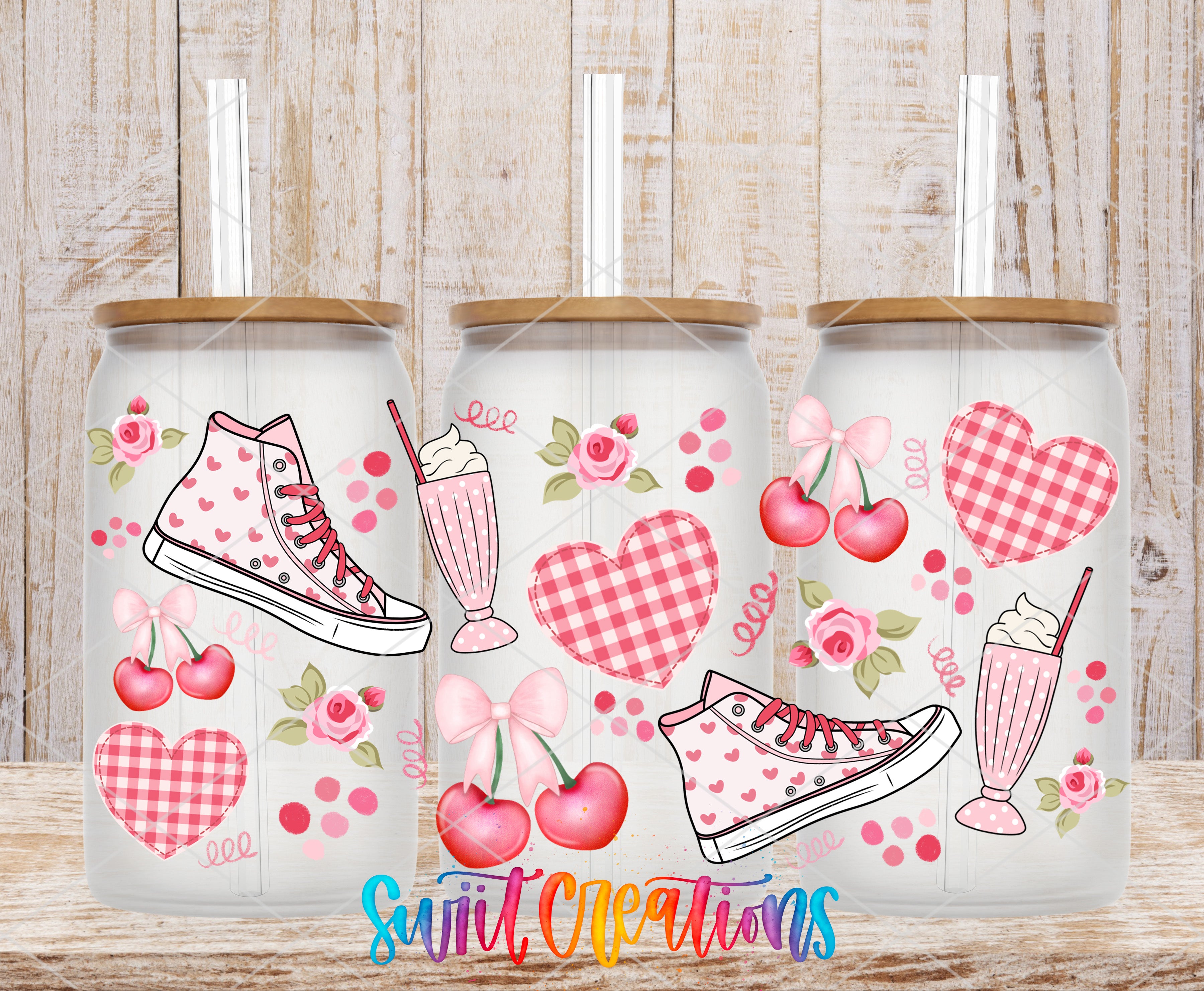 three glass jars with pink and white checkered patterns, hearts, and various desserts and drinks.