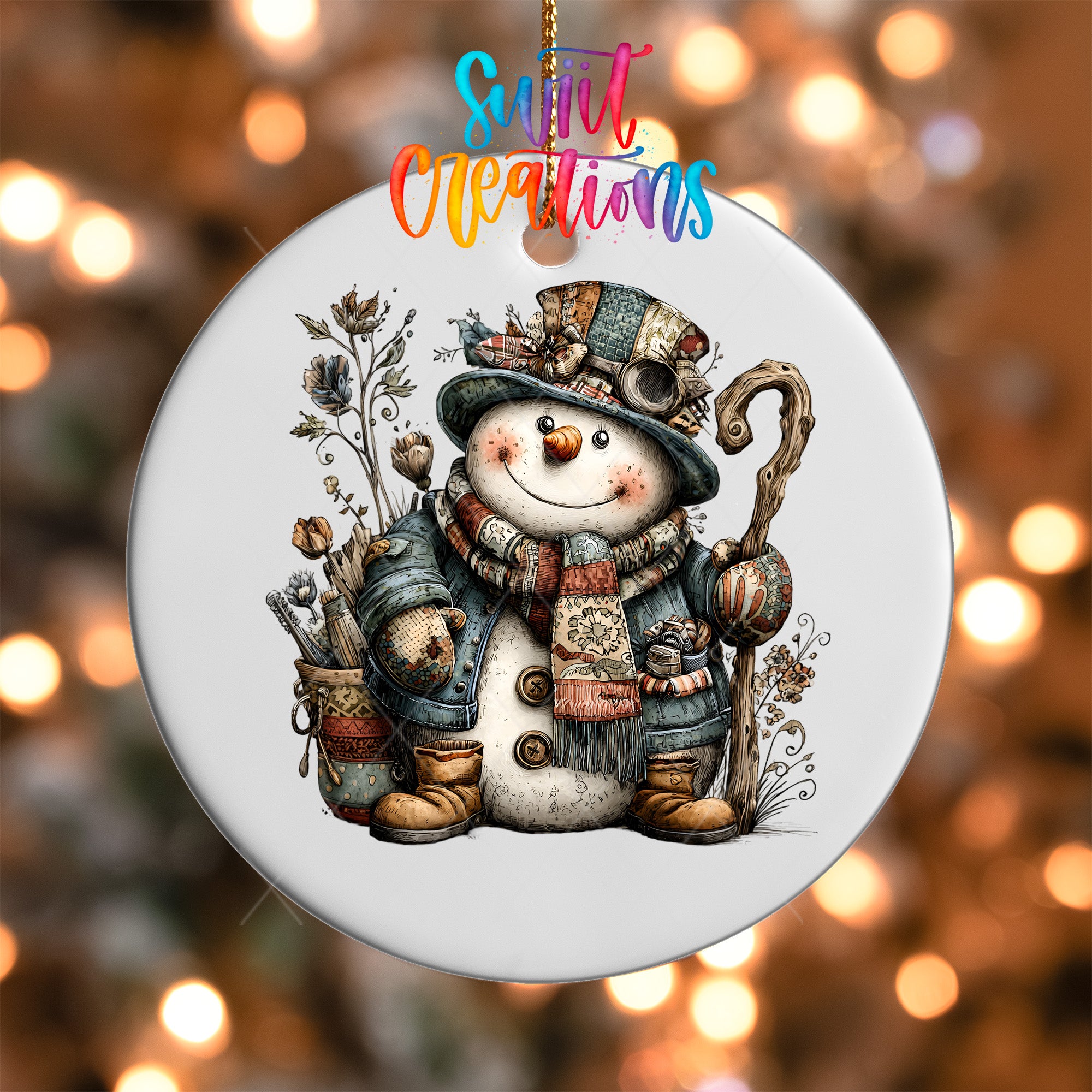 A snowman ornament with a hat, scarf, and other accessories, surrounded by flowers and a stick, is hanging against a background of colorful lights.