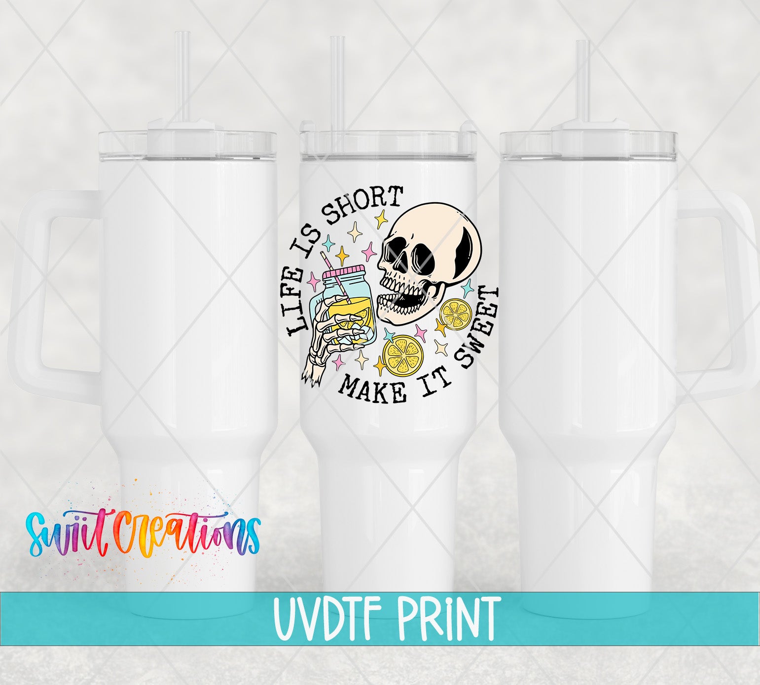 a white ceramic mug with a skull and a lemon graphic, along with the text "Life is short, make it sweet" and "Make it sweet" written around the skull.