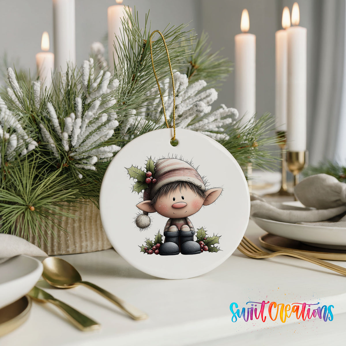 A white ornament featuring a cartoon elf sitting on a branch, surrounded by pine branches and greenery, is displayed on a table with candles and other holiday decor.