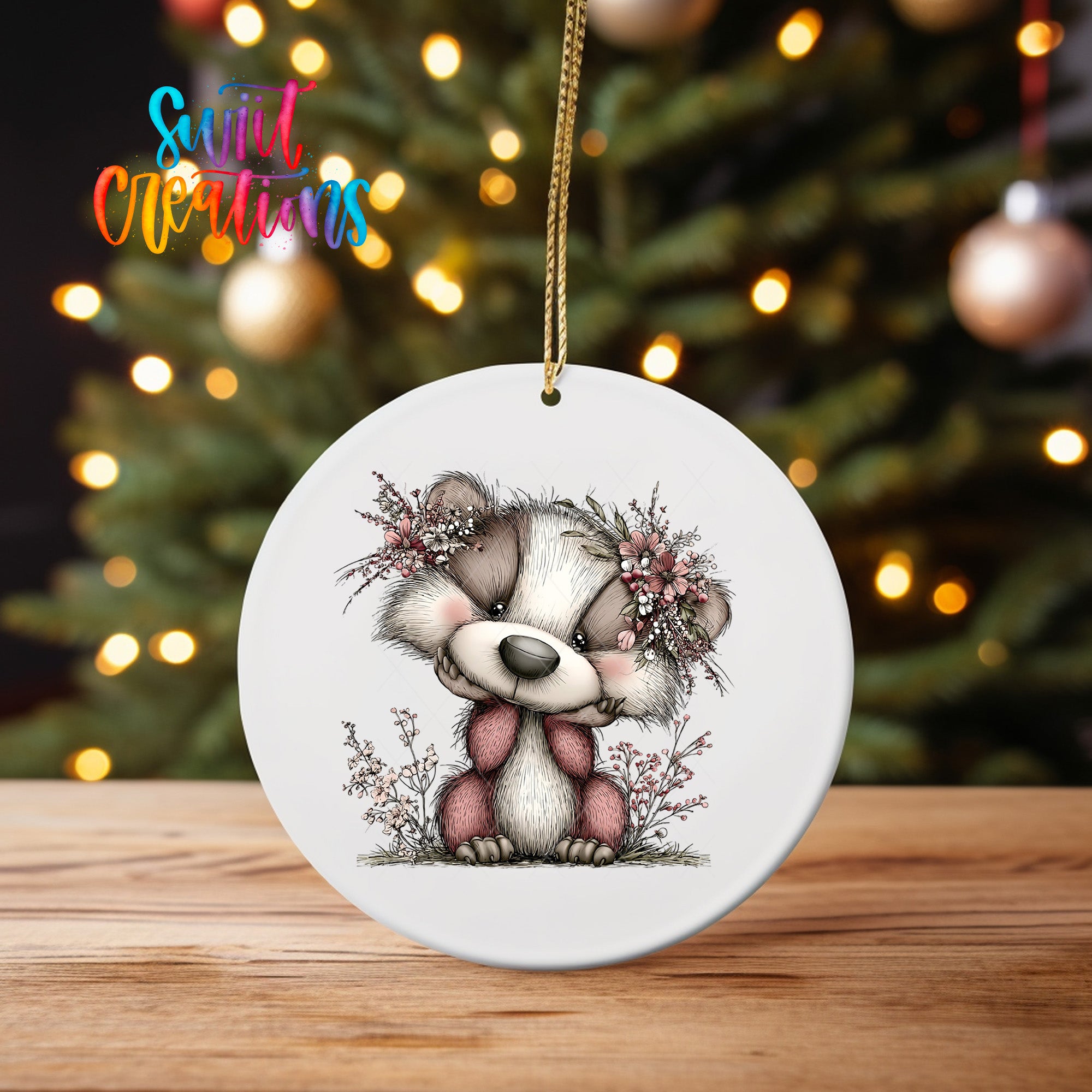 A white ceramic ornament featuring a cute cartoon badger with flowers on its head, hanging on a string.