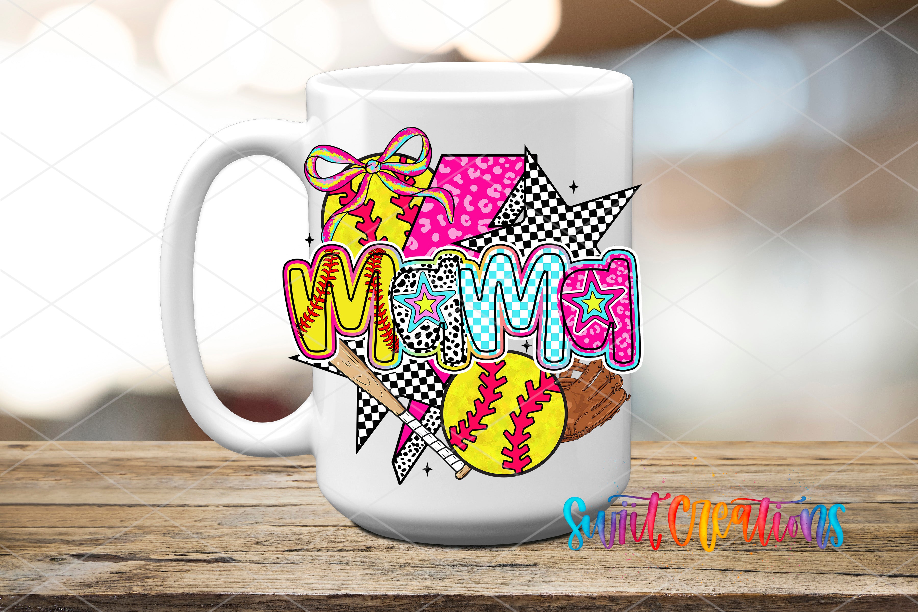 A white ceramic mug with a colorful, cartoon-style design featuring various sports-related elements such as a baseball, a tennis racket, and a baseball glove.