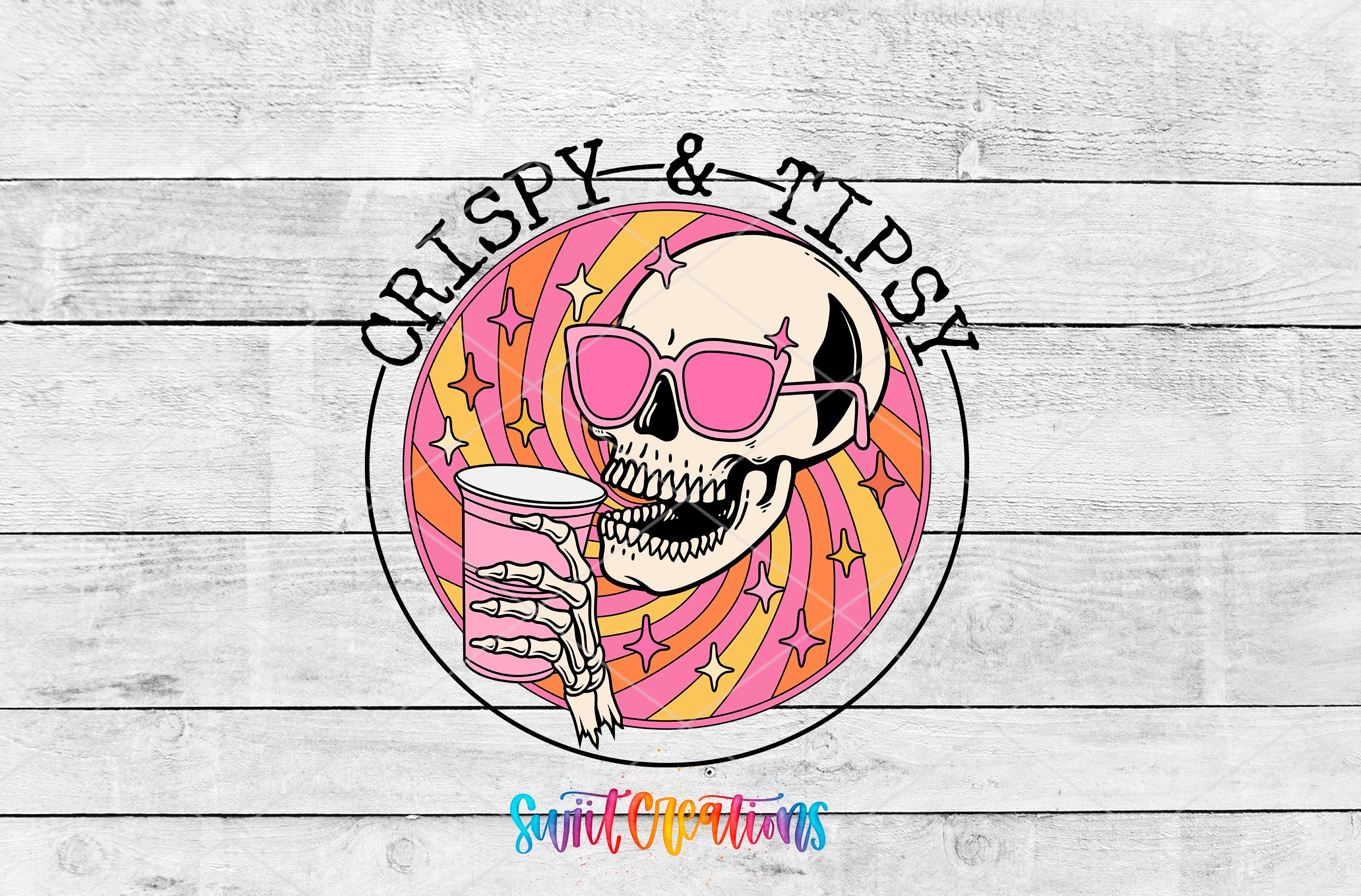 A stylized illustration of a skull wearing sunglasses and holding a drink, surrounded by a colorful, abstract design with stars and swirls.