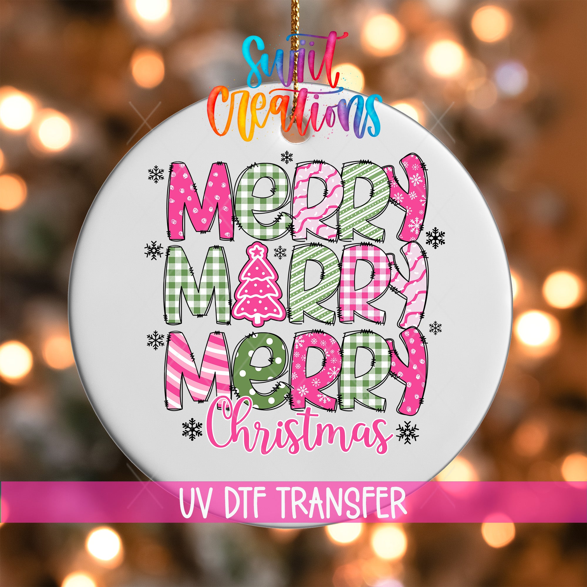 A white ornament with colorful text that says "MERRY MERRY MERRY CHRISTMAS" and "Merry Merry Merry Christmas" written on it. The ornament is hanging against a background with blurred lights, giving it a festive and holiday atmosphere.