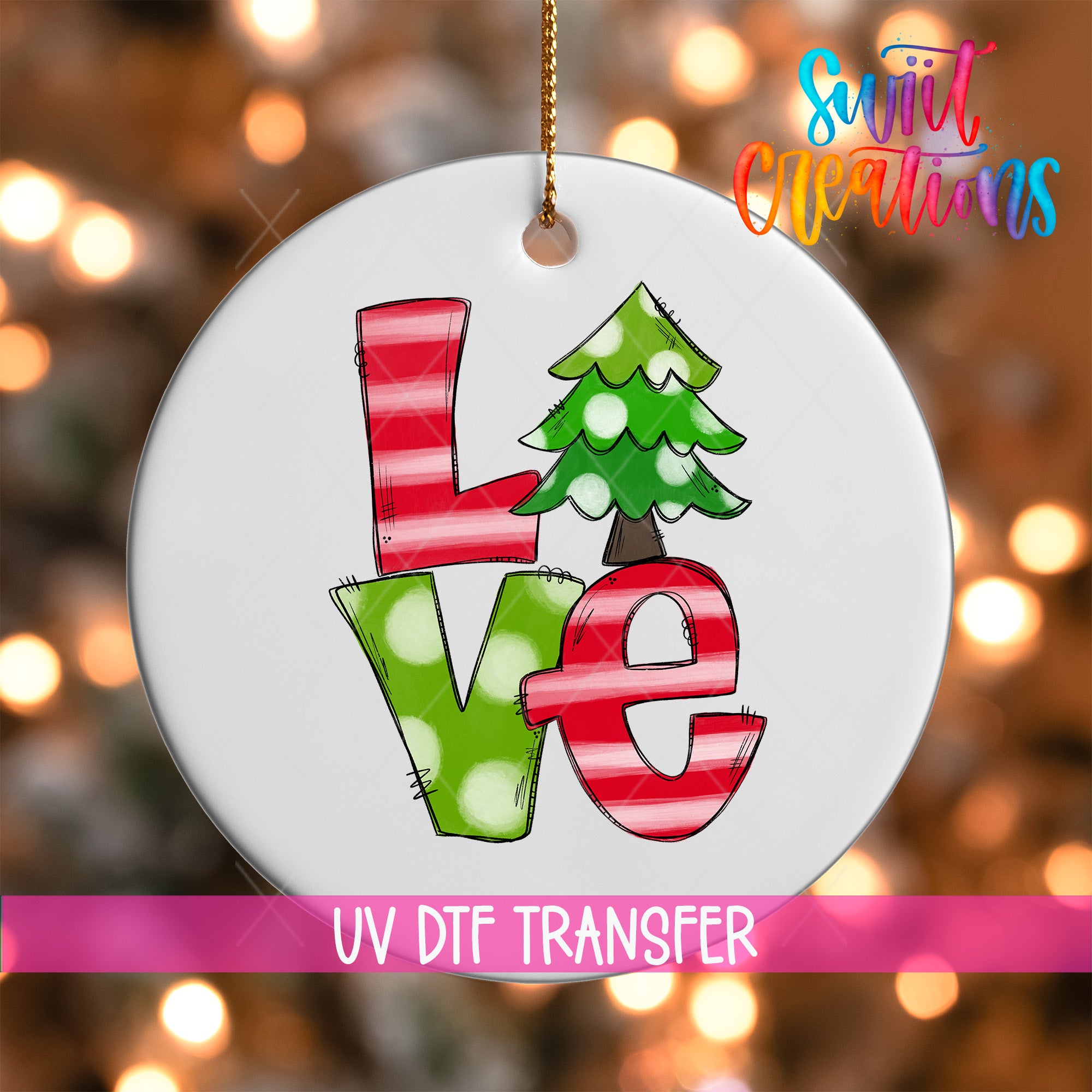 A white ornament with the word "Love" written in a stylized, colorful font.