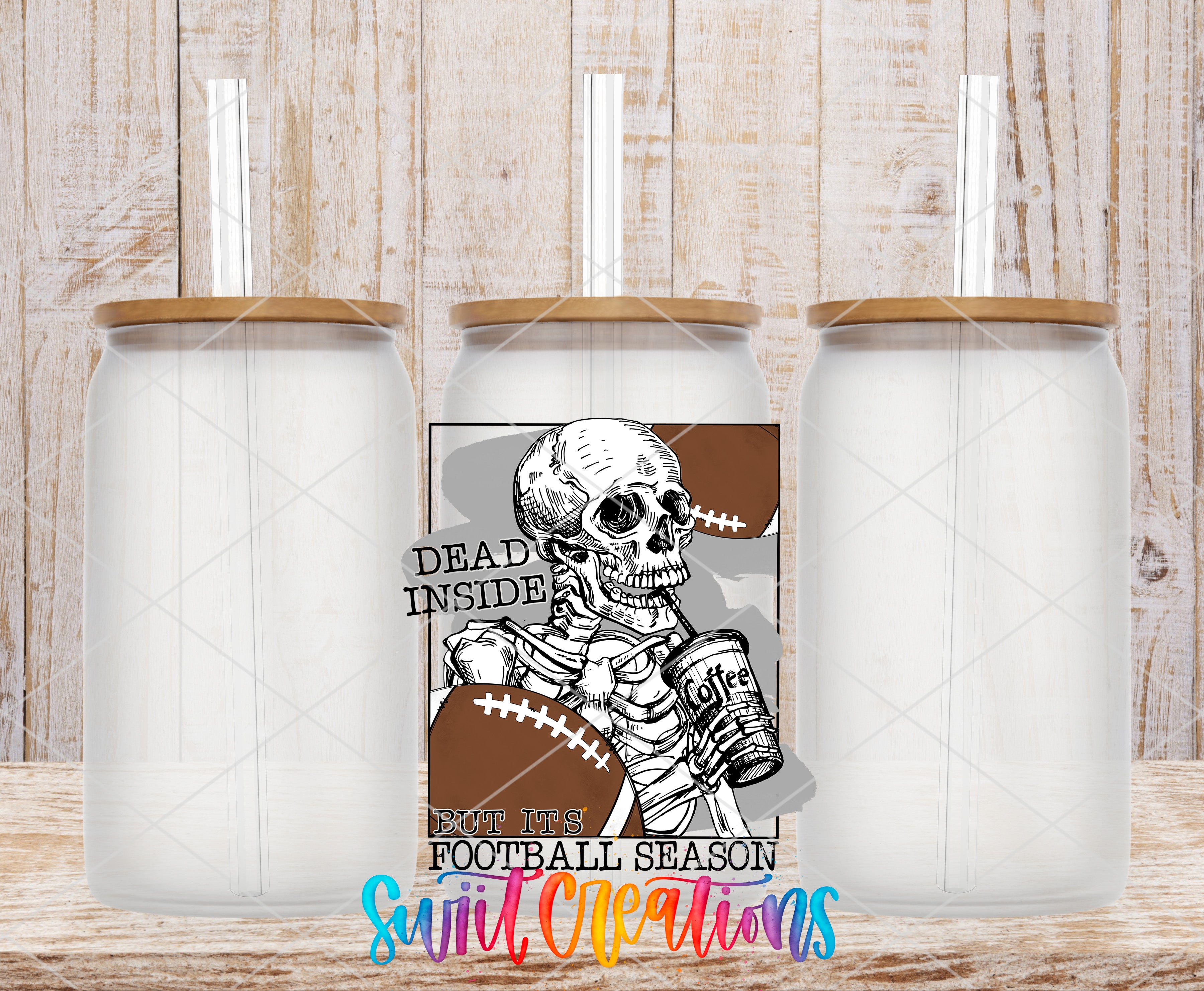 A skeleton holding a football, with the text "Dead inside but its football season" displayed below the image.