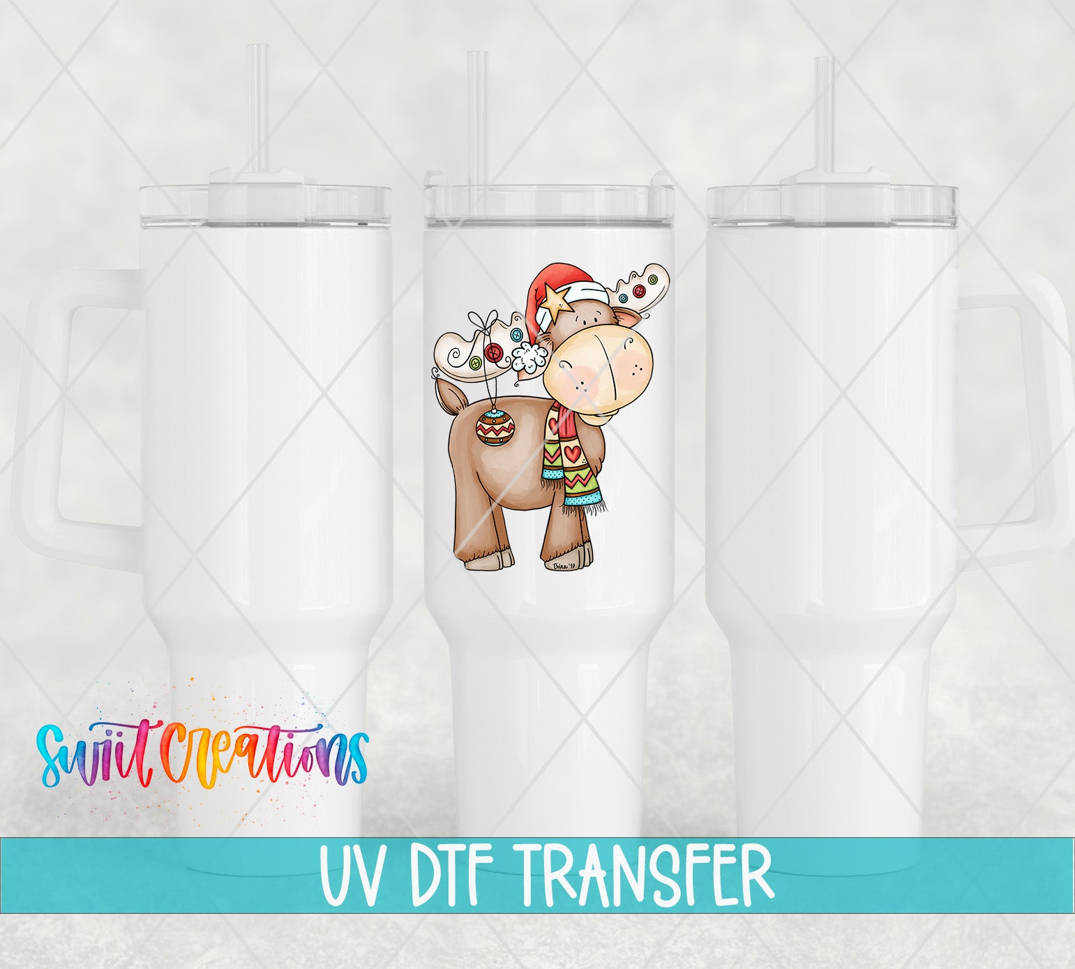 three white tumblers with a colorful cartoon illustration of a reindeer on the front. The text "UV Dtf Transfer" is displayed below the image.