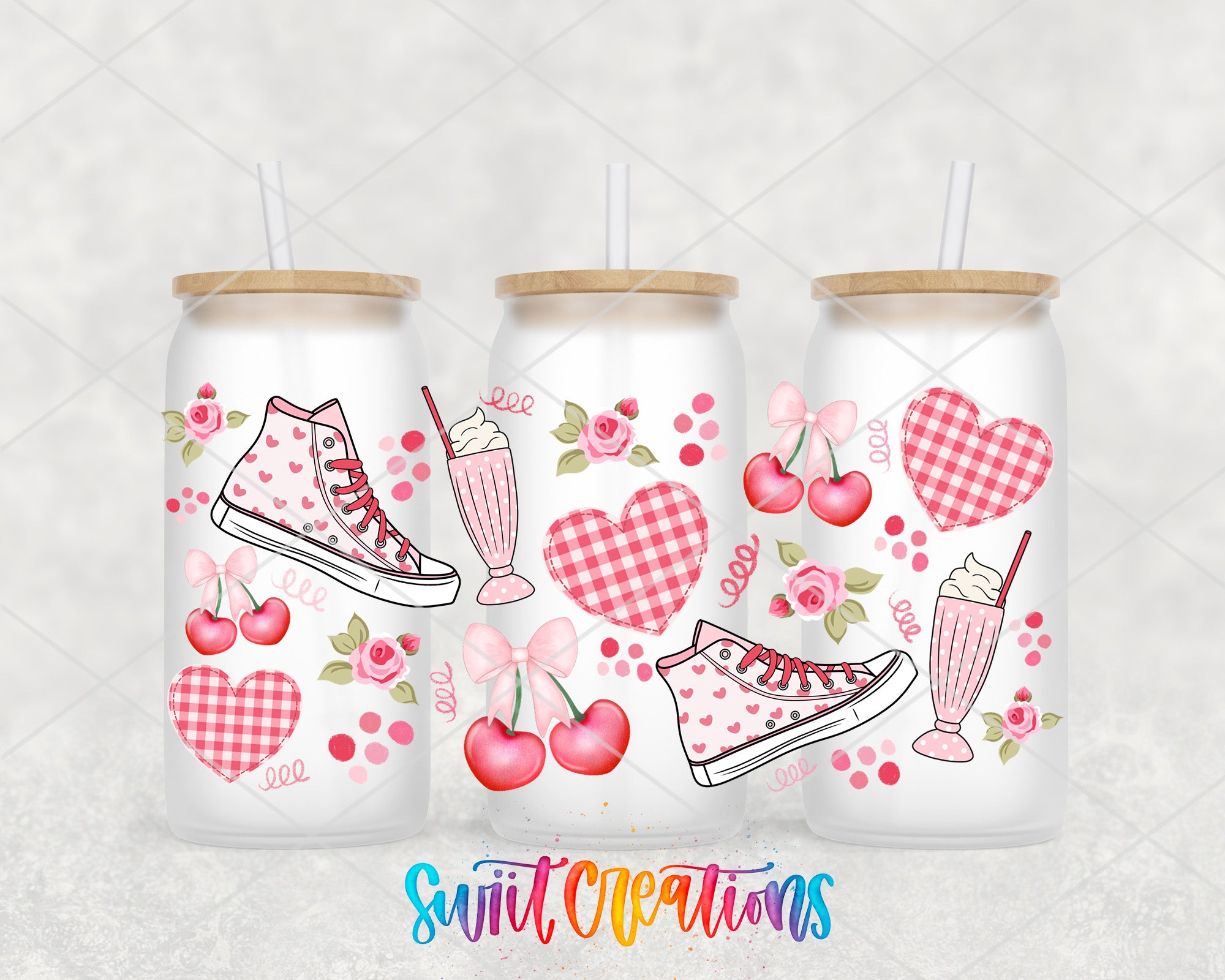 three glass tumblers with a pink and white checkered pattern and various illustrations, including a high-top sneaker, a heart, cherries, and a milkshake.