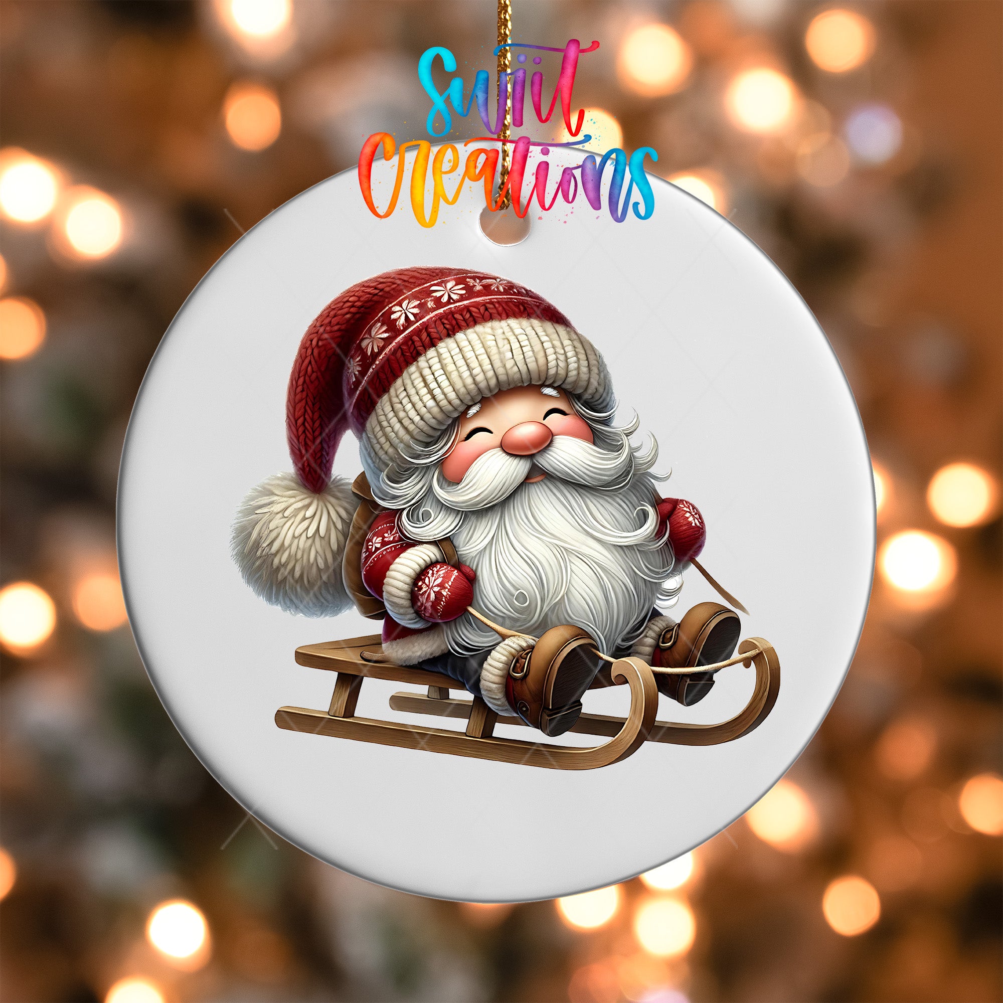 A white ornament featuring a smiling, bearded Santa Claus figure riding a sled, with a colorful background of lights.