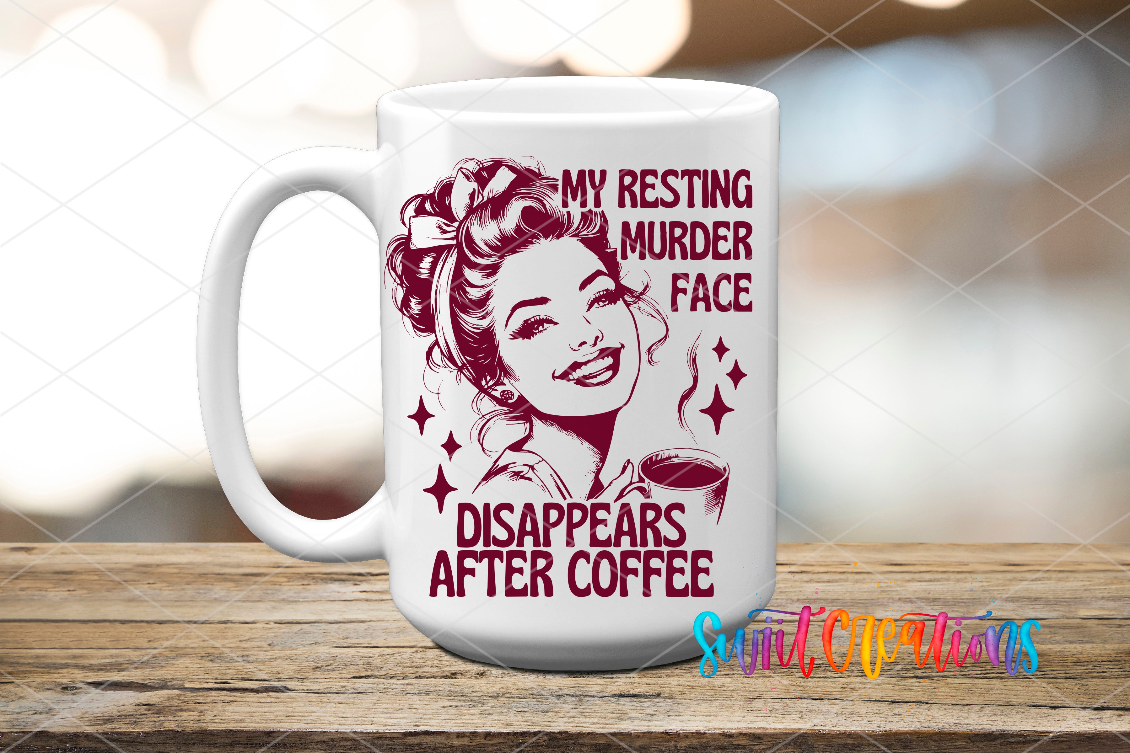 A white coffee mug with a printed design featuring a smiling woman's face and text that reads "My resting, murder, face, disappears after coffee".
