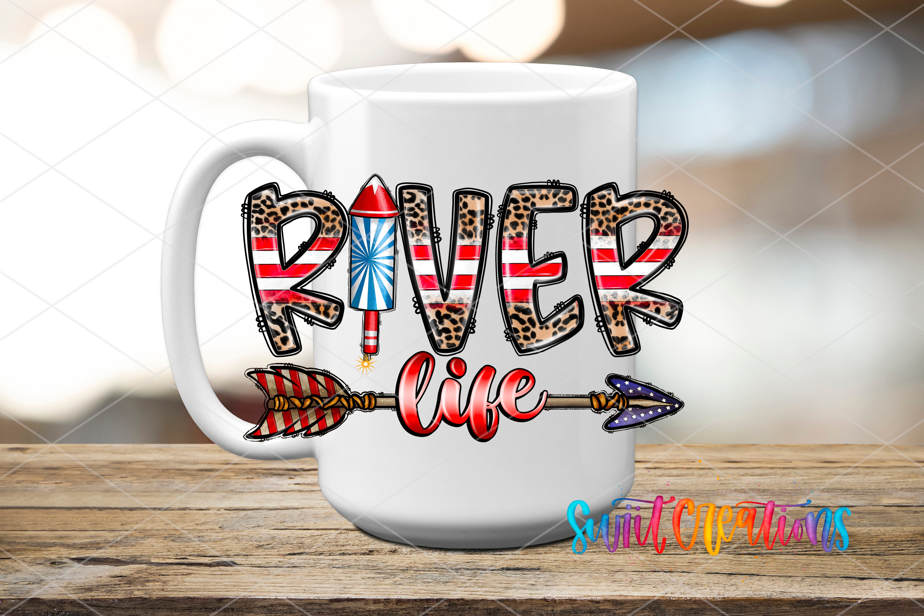 A white mug with the text "RIVER LIFE" and a rocket-shaped arrow printed on it, placed on a wooden surface.