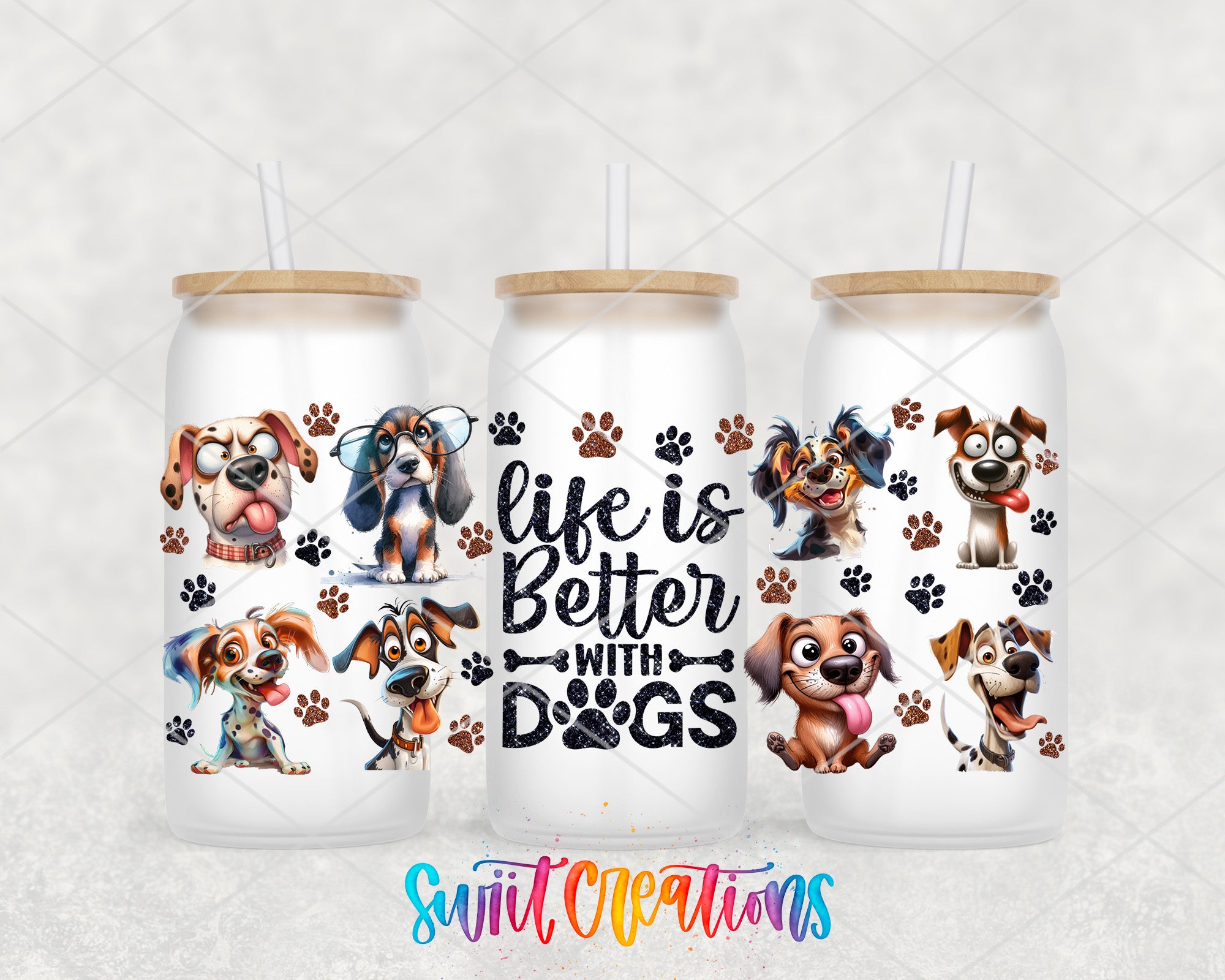 three white tumblers with dog illustrations and paw prints, along with the text "Life is Better with Dogs" printed on them.