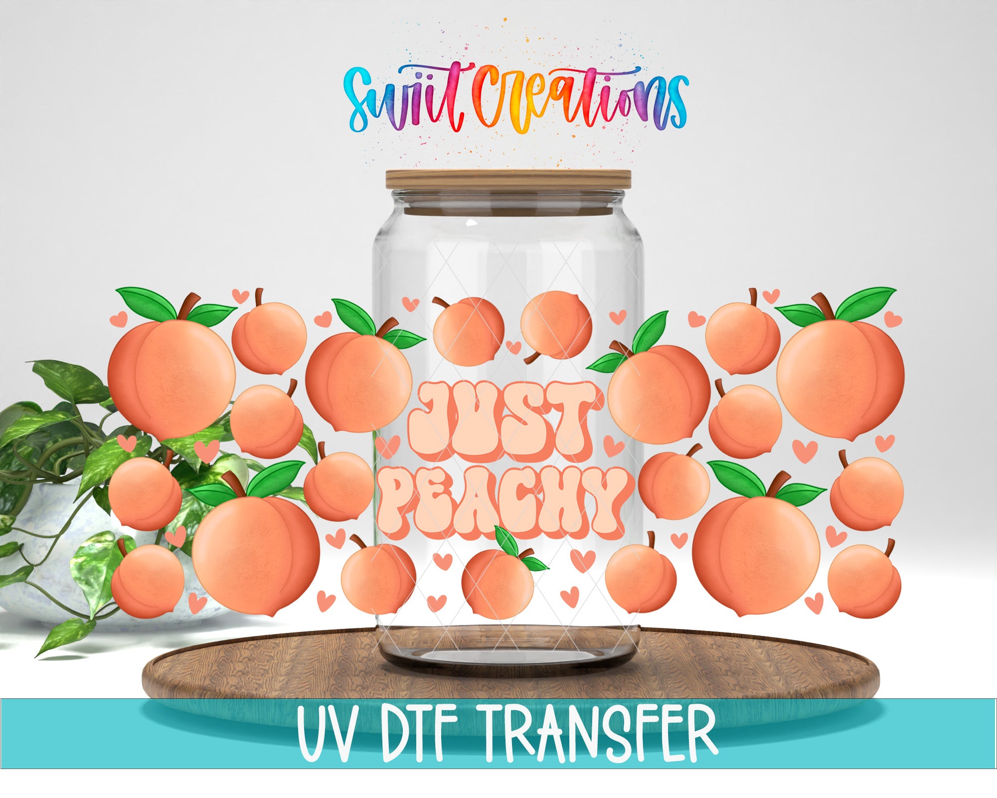 a glass jar filled with peaches, surrounded by peach graphics, and includes text related to UVDF Transfers.