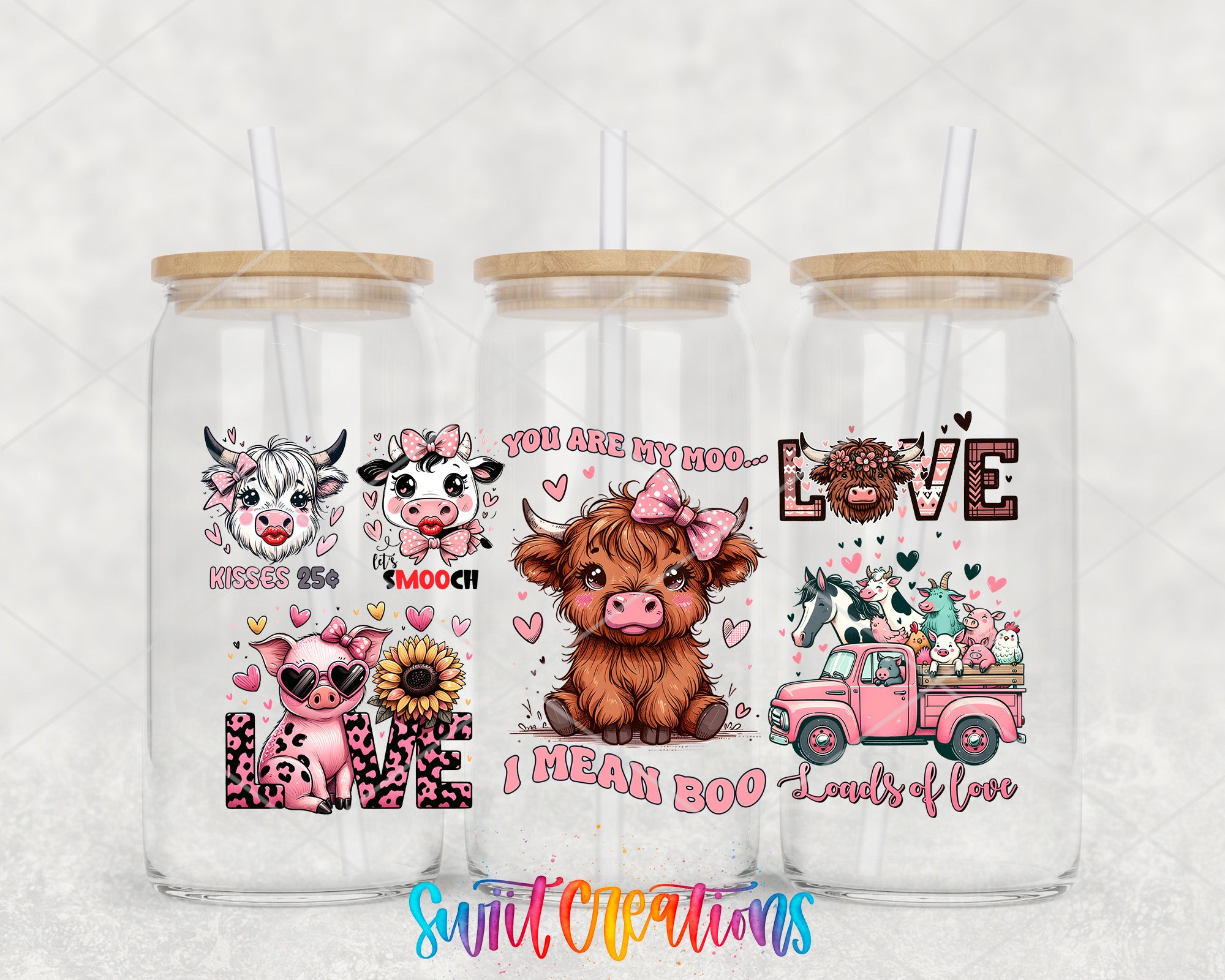 Three glass tumblers with illustrations of cows and a pink truck, along with the text "You are my moo! I mean Boo! Loads of love" printed on them.