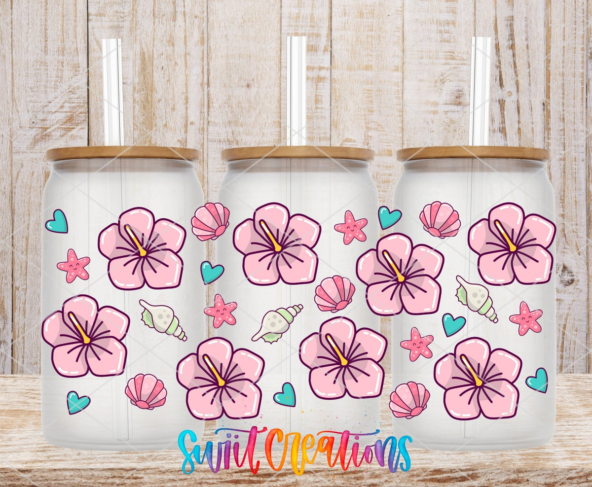 Beach Floral UV DTF Transfer Tumbler Wrap | Pink Hibiscus Shell Summer | DTF057 - Swiit Creations