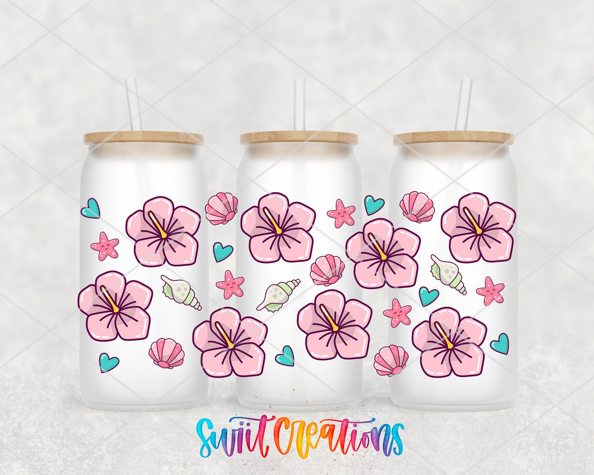 Beach Floral UV DTF Transfer Tumbler Wrap | Pink Hibiscus Shell Summer | DTF057 - Swiit Creations