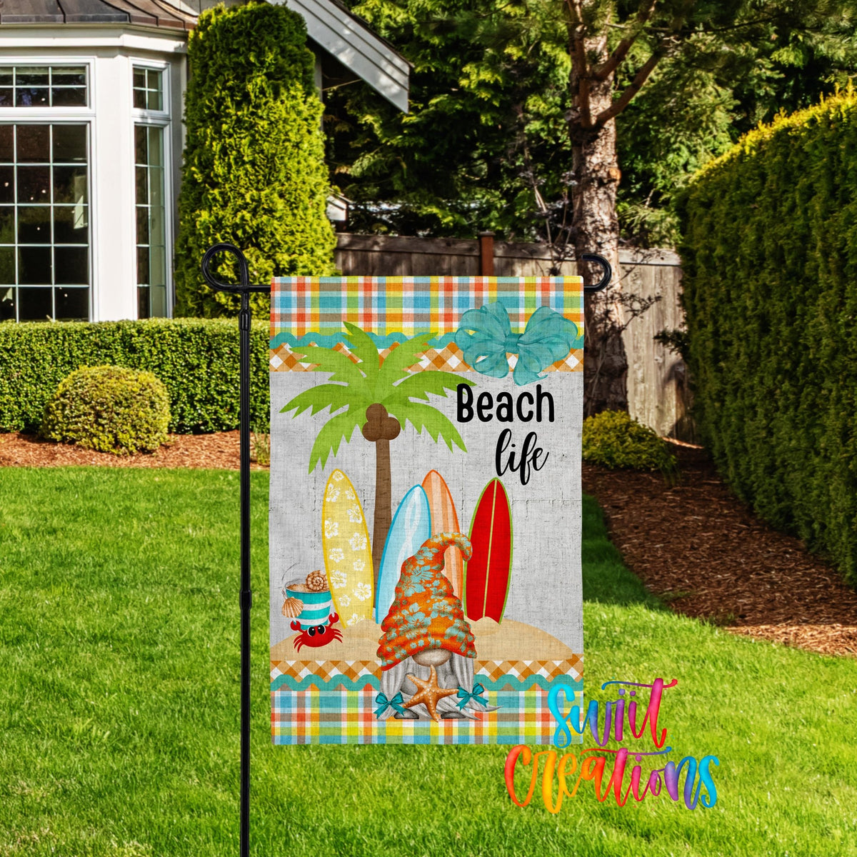 Beach Life Gnome Garden Flag | Summer Yard Flag | Surfboard Outdoor Decor | Coastal Porch Decoration | YF60 - Swiit Creations