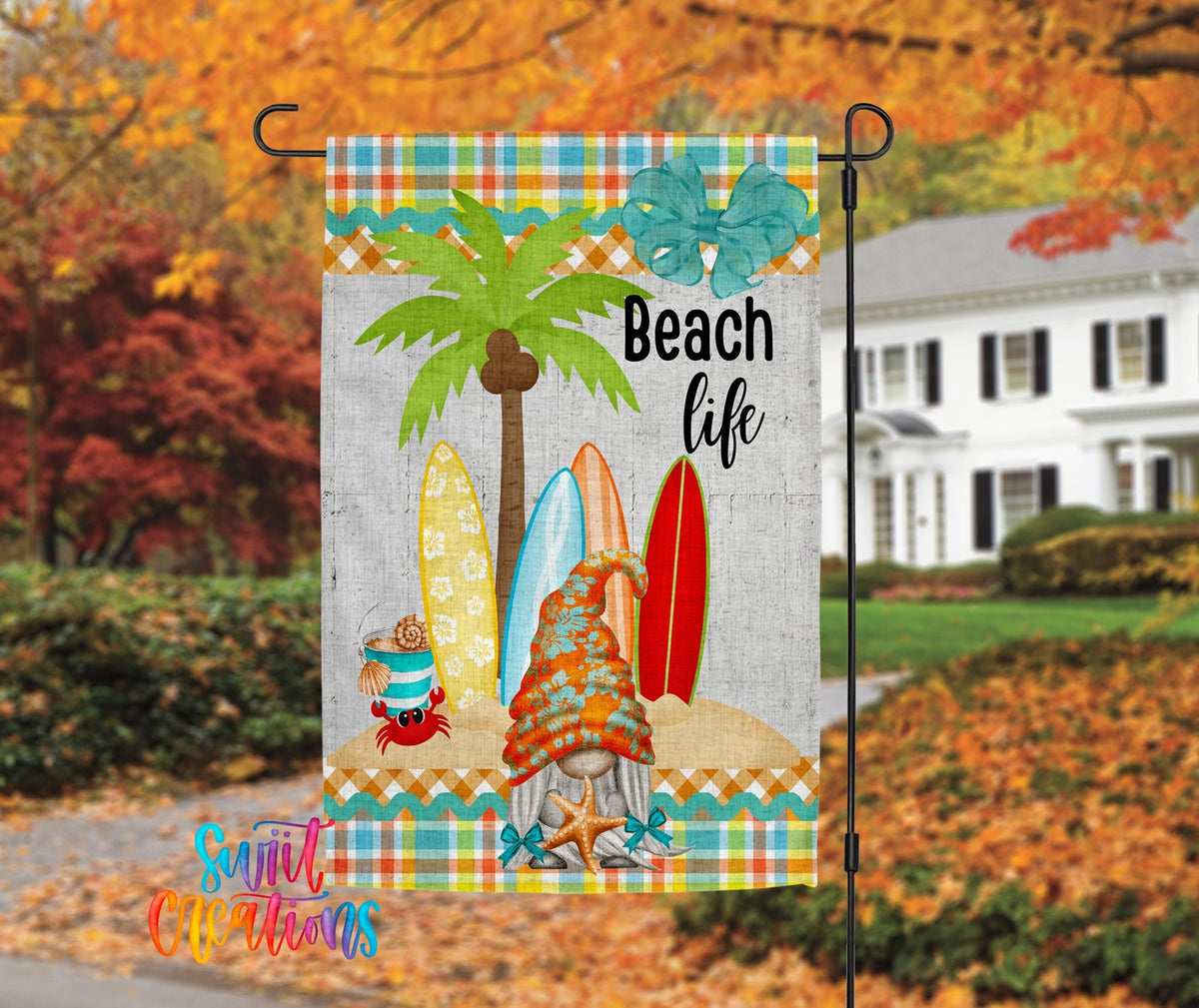 Beach Life Gnome Garden Flag | Summer Yard Flag | Surfboard Outdoor Decor | Coastal Porch Decoration | YF60 - Swiit Creations