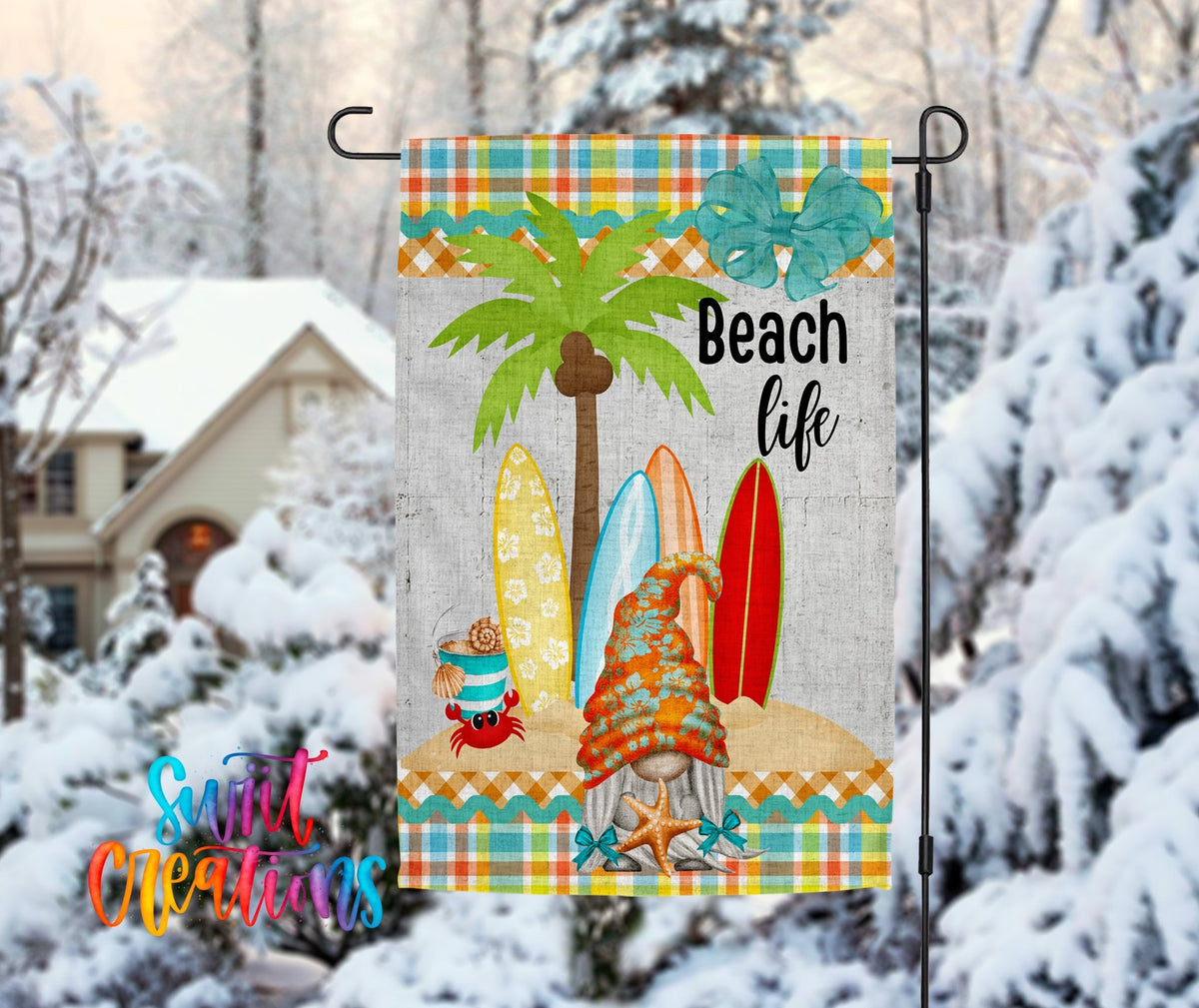 Beach Life Gnome Garden Flag | Summer Yard Flag | Surfboard Outdoor Decor | Coastal Porch Decoration | YF60 - Swiit Creations