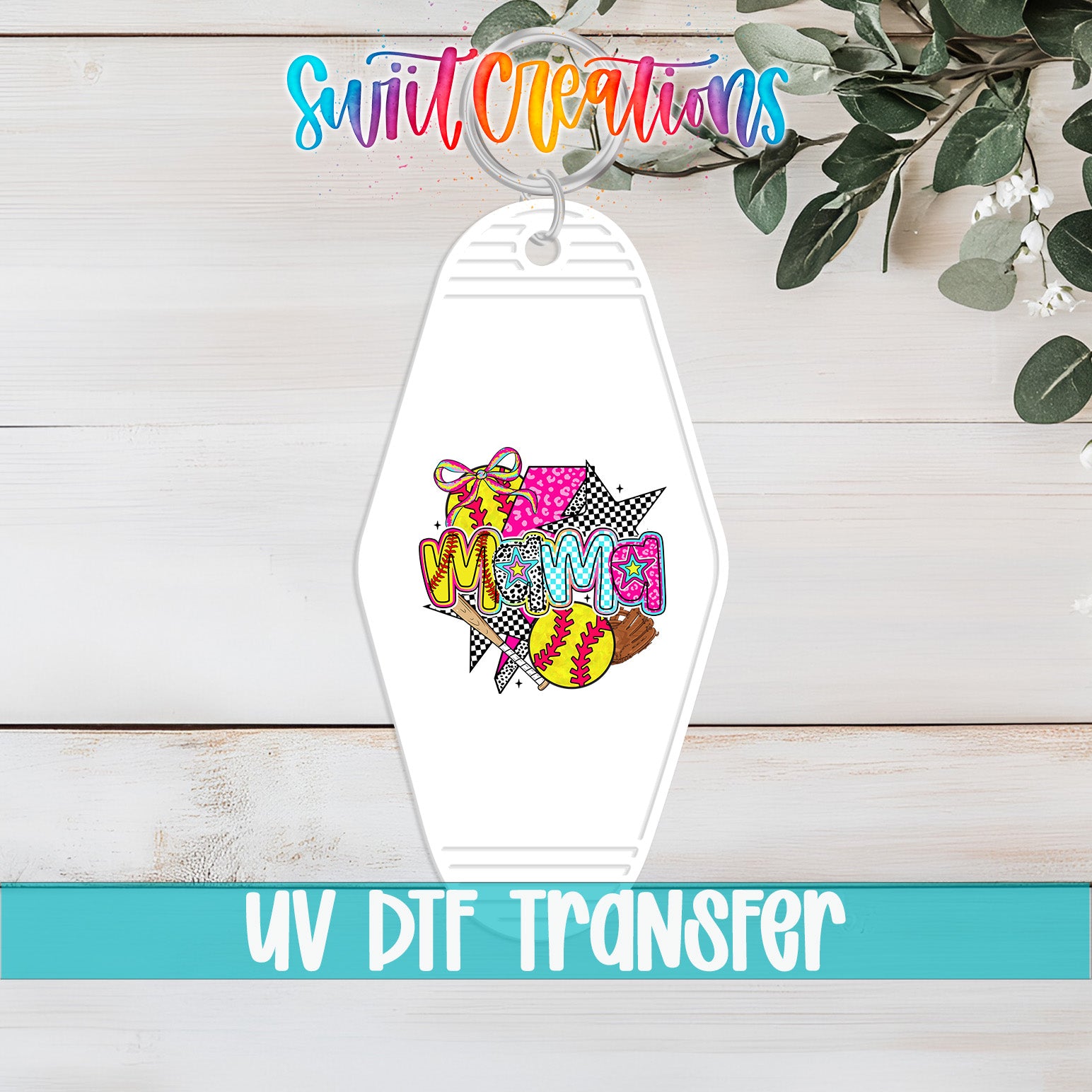 A keychain with a colorful, cartoonish design featuring a stylized letter "M" and various other elements.