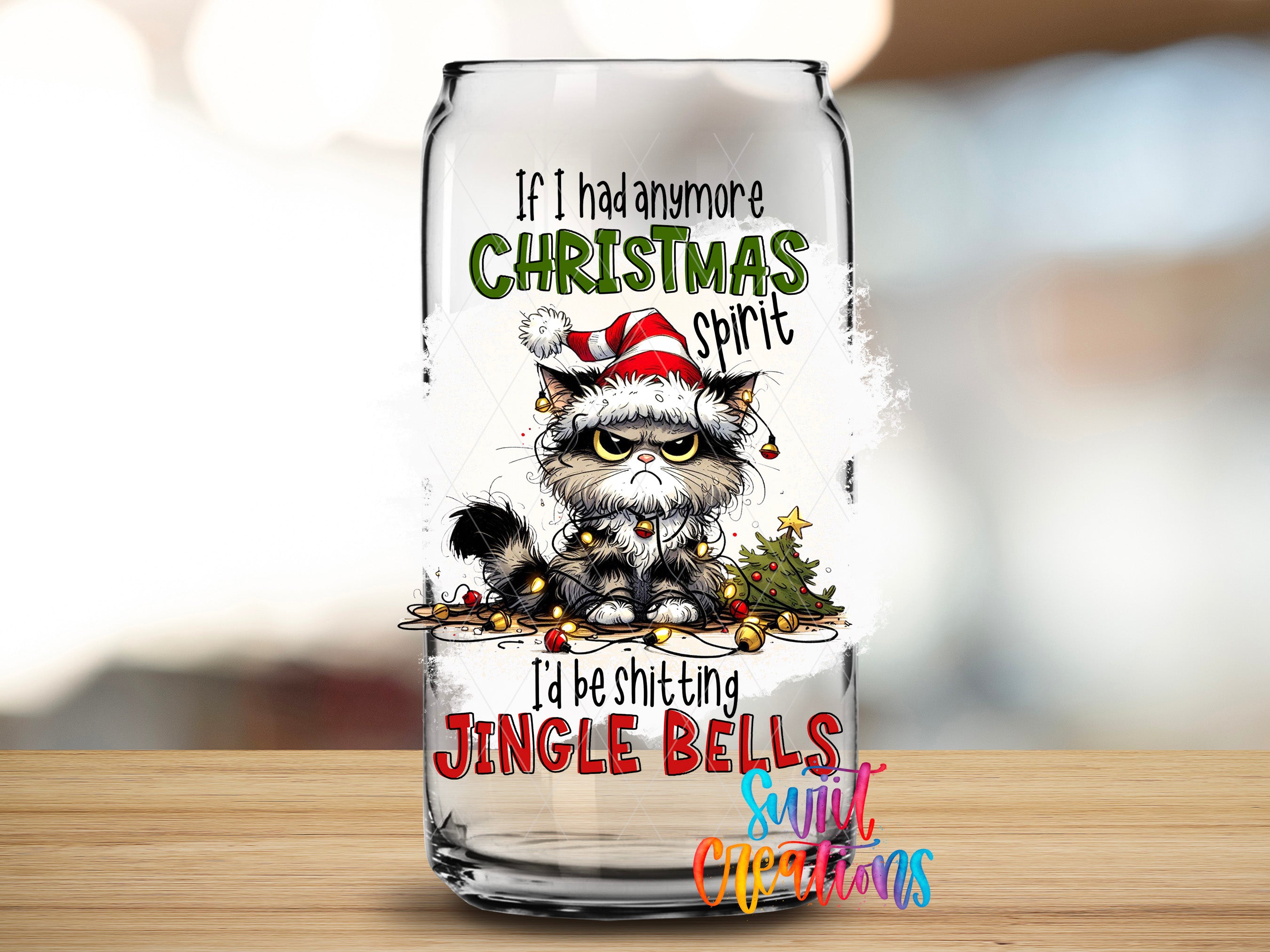 A glass can with a Christmas-themed design featuring a cat wearing a Santa hat and surrounded by Christmas decorations.