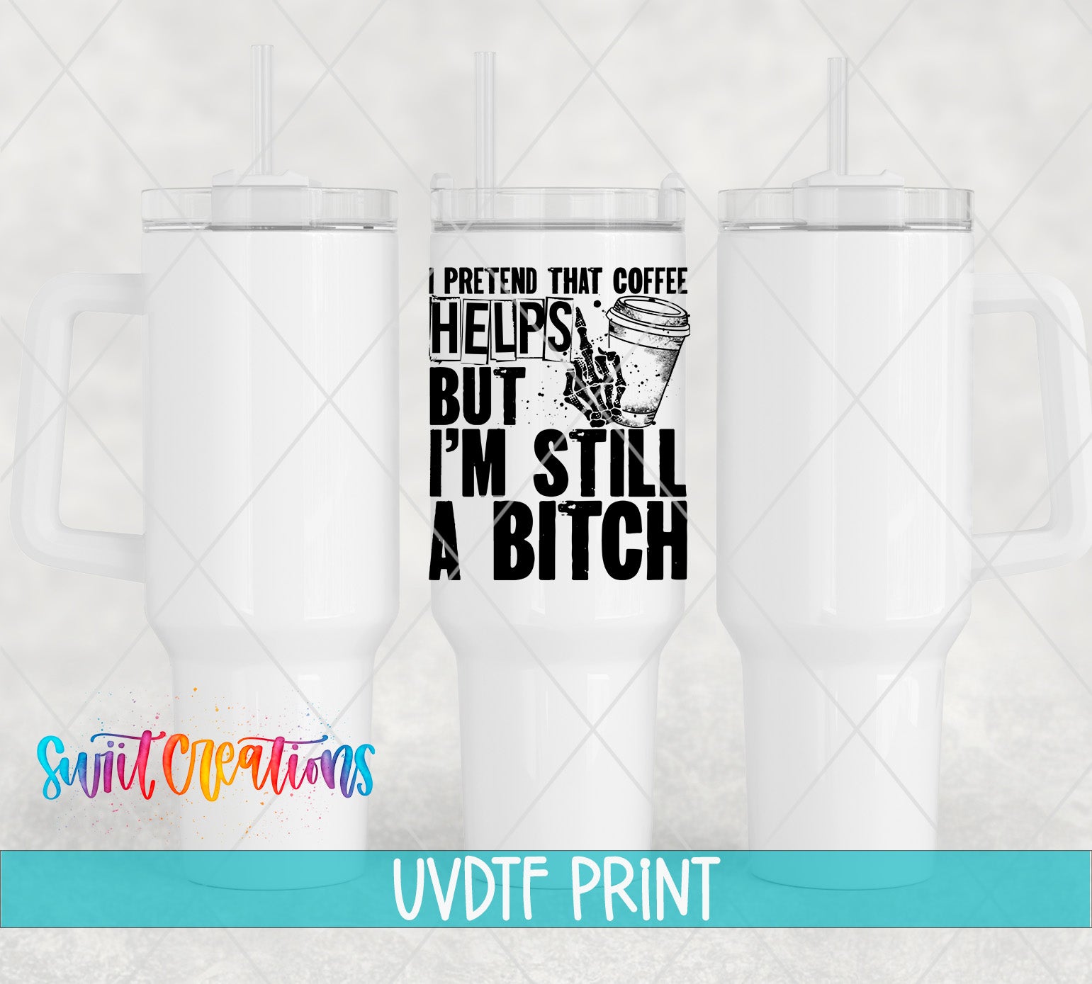 a white tumbler with a printed design on it, including text and an illustration of a coffee cup.