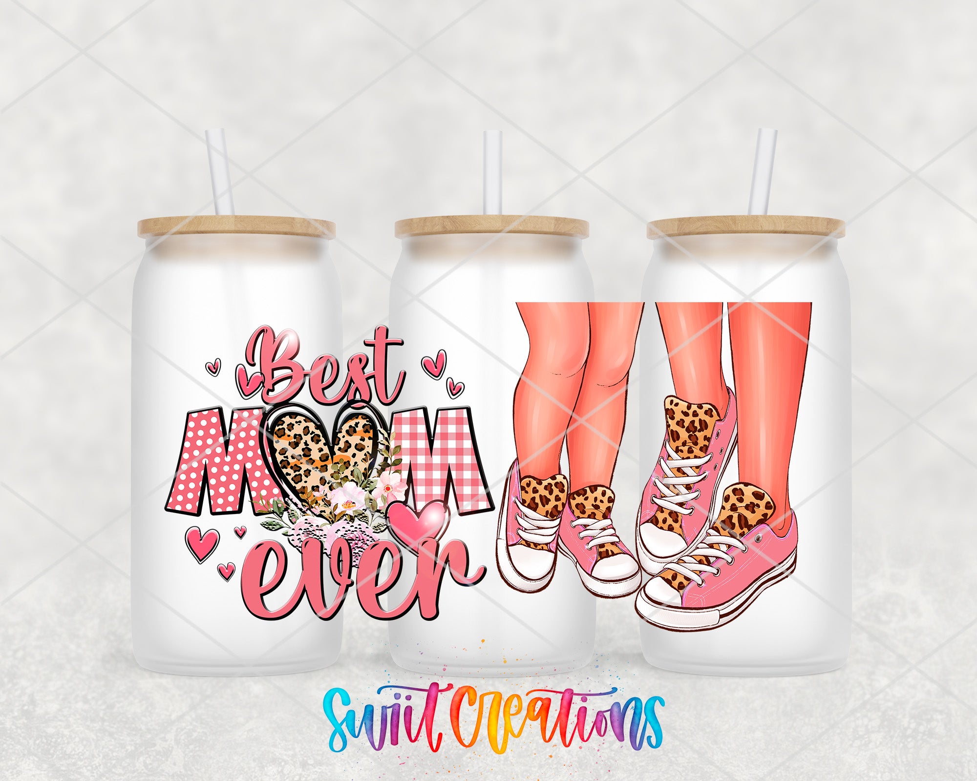 A collage of three images featuring a mother's legs wearing leopard print sneakers, with the text "Best Mom Ever" and a heart symbol.